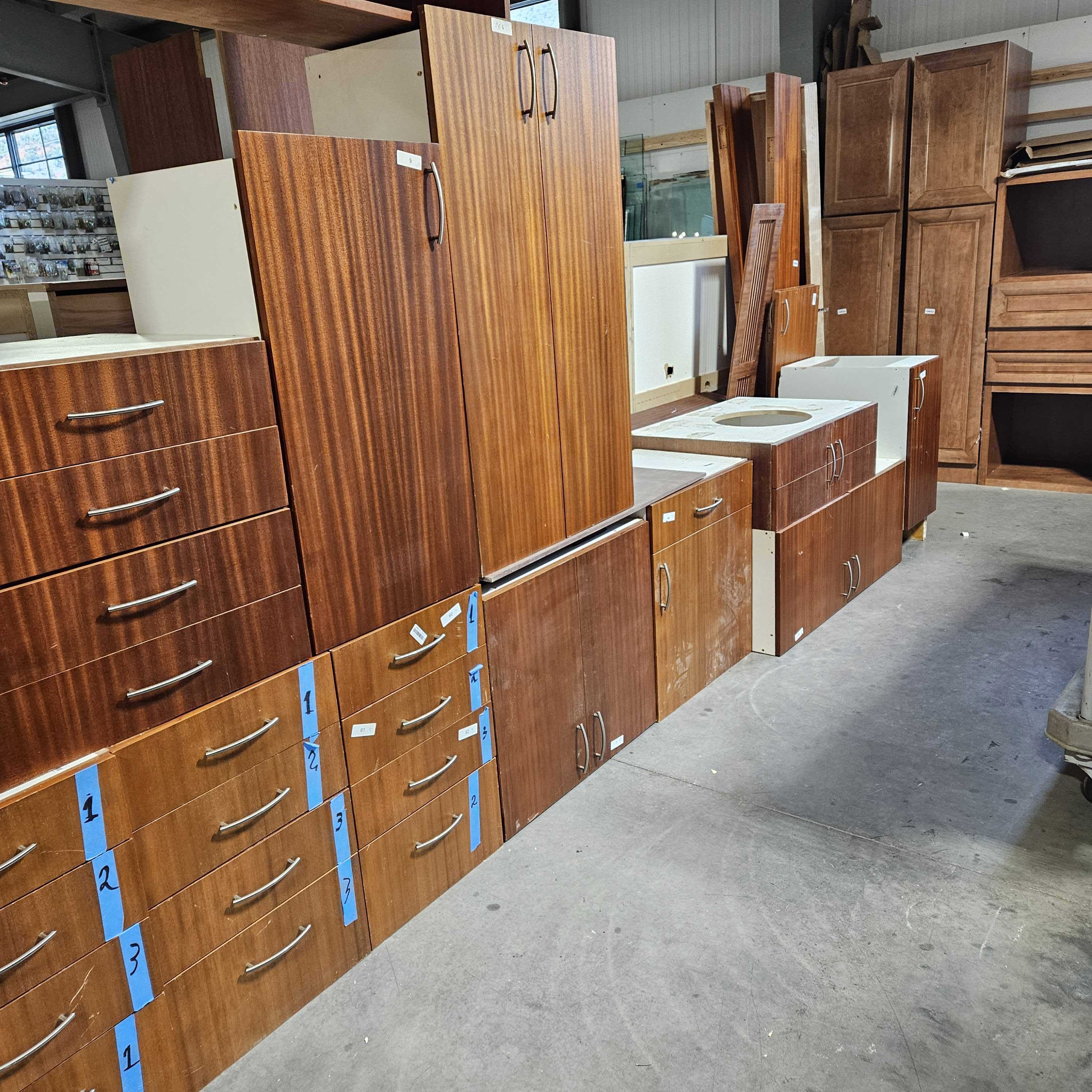24 Piece 13 Lowers, 10 Uppers, Cubby Shelf, Wall Mount Closet Door,Walk In Pantry Doors, Side Panels Ribbon Sapele Mahogany Kitchen & Pantry Set