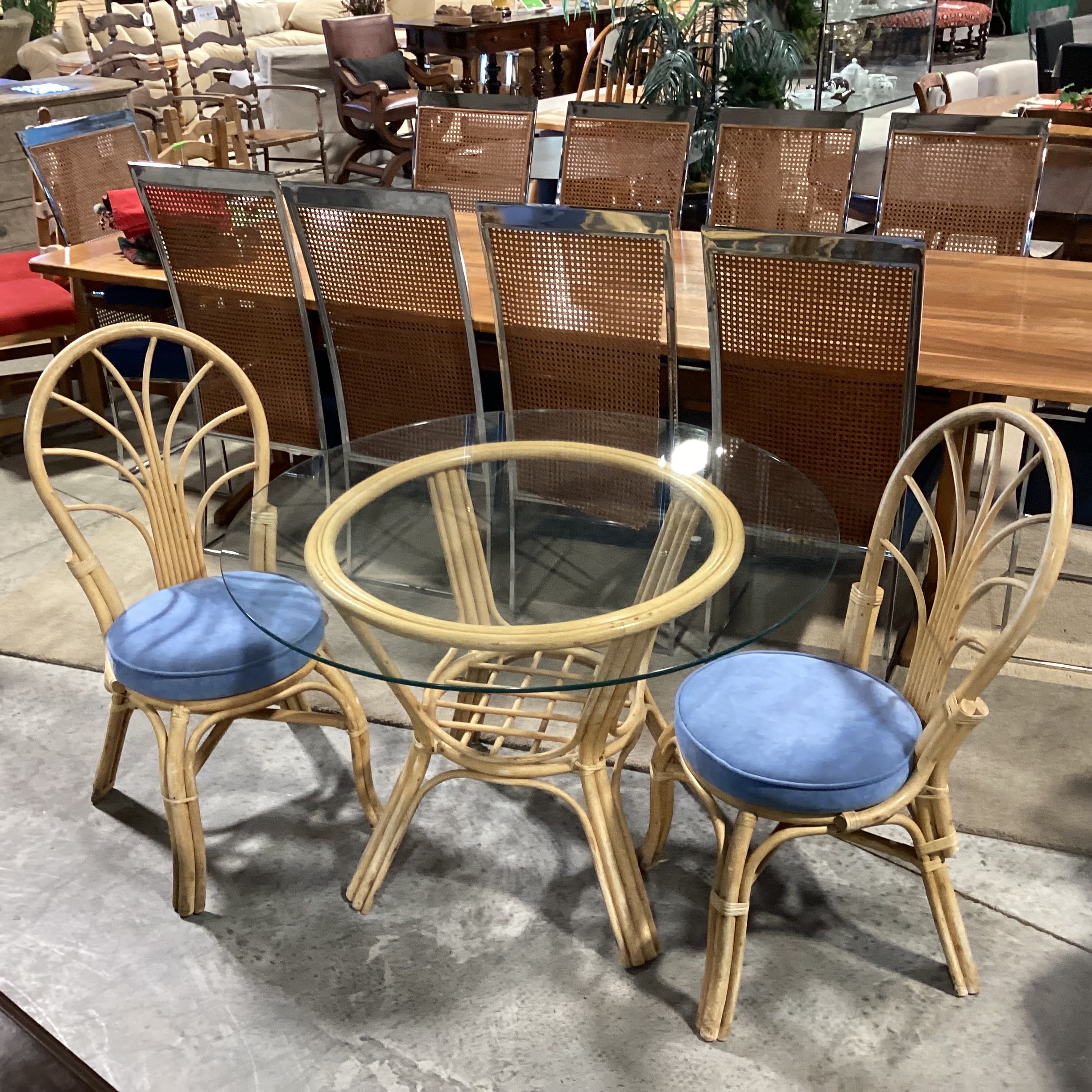 Rattan & Bamboo Style Glass Round Table with 2 Chairs Dining Set