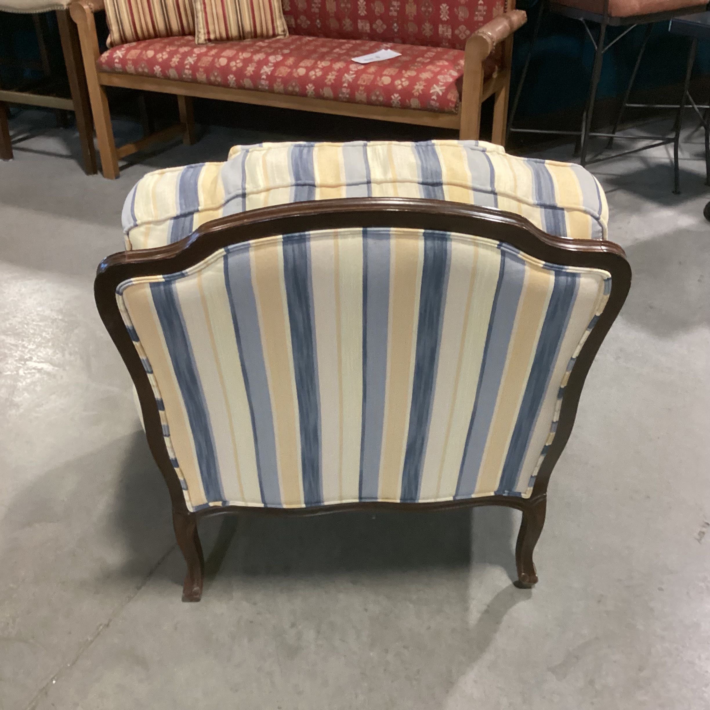Ethan Allen French Provincial Carved Wood Blue Wheat Stripe Chair
