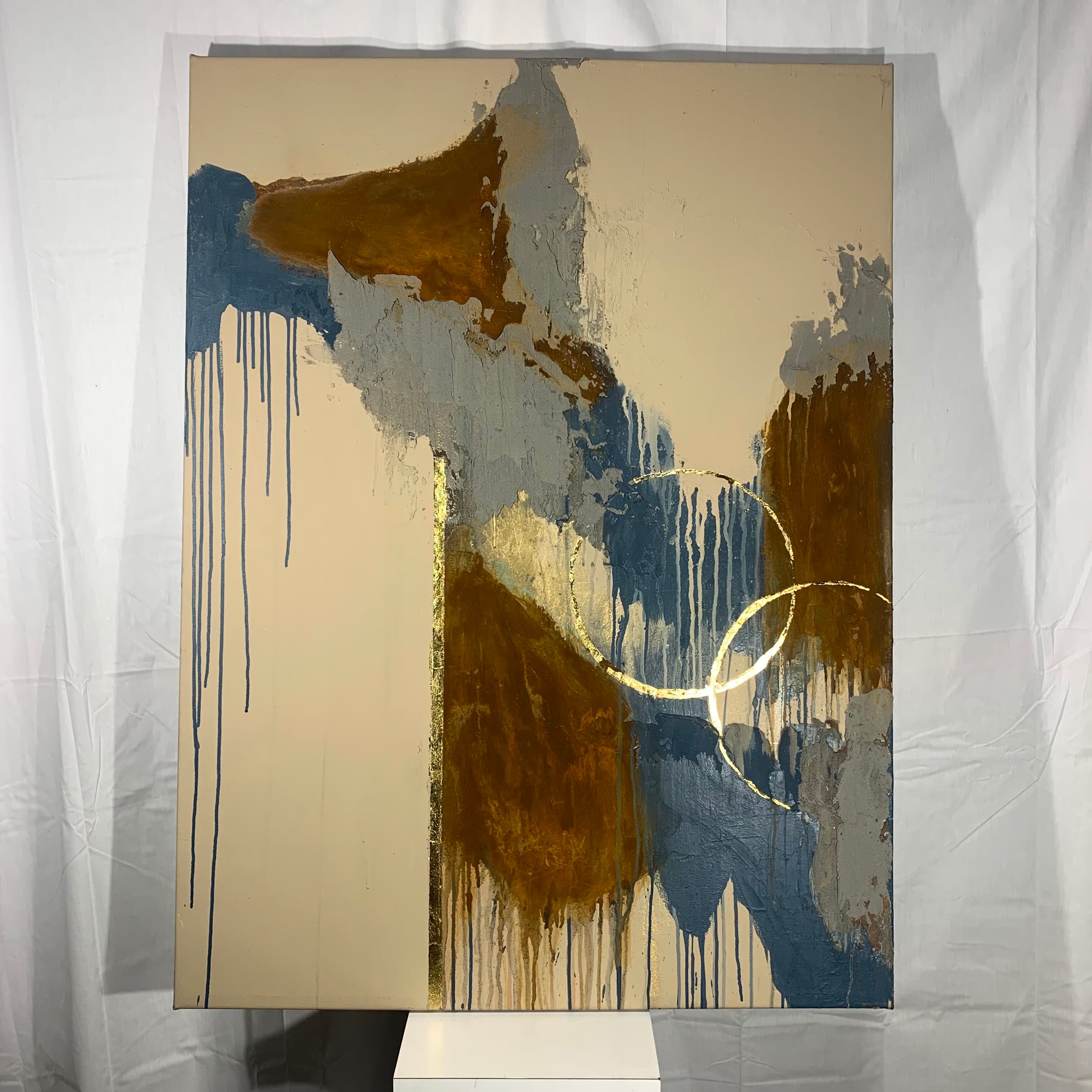 36"x 48" Modern Blue and Brown with Gold Leaf by Unknown Artist Mixed Media on Canvas