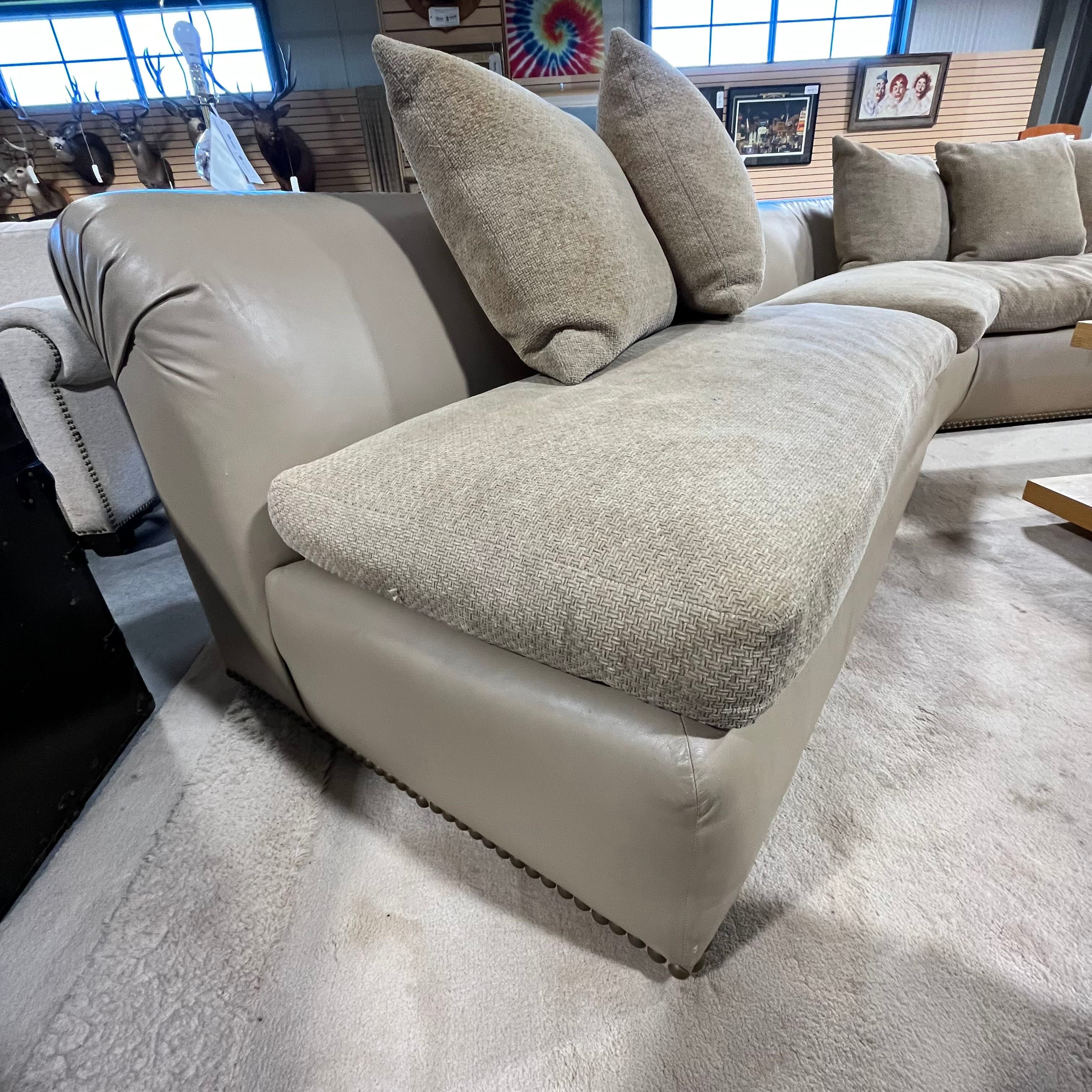 Custom Angled Beige Leather & Chenille Nailhead Down 3 Piece Sectional
