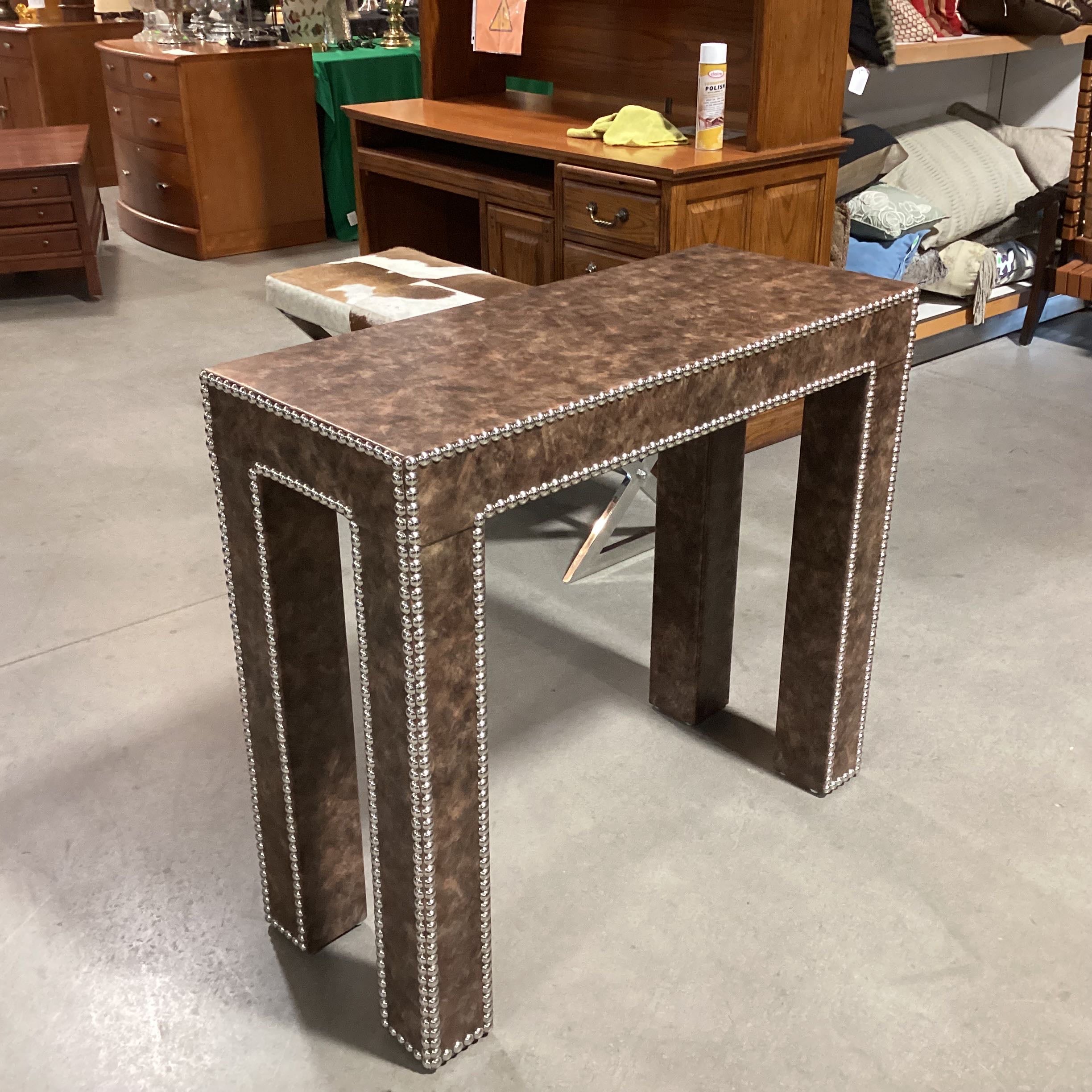 Faux Brown Leather Nailhead Accent Sofa Table