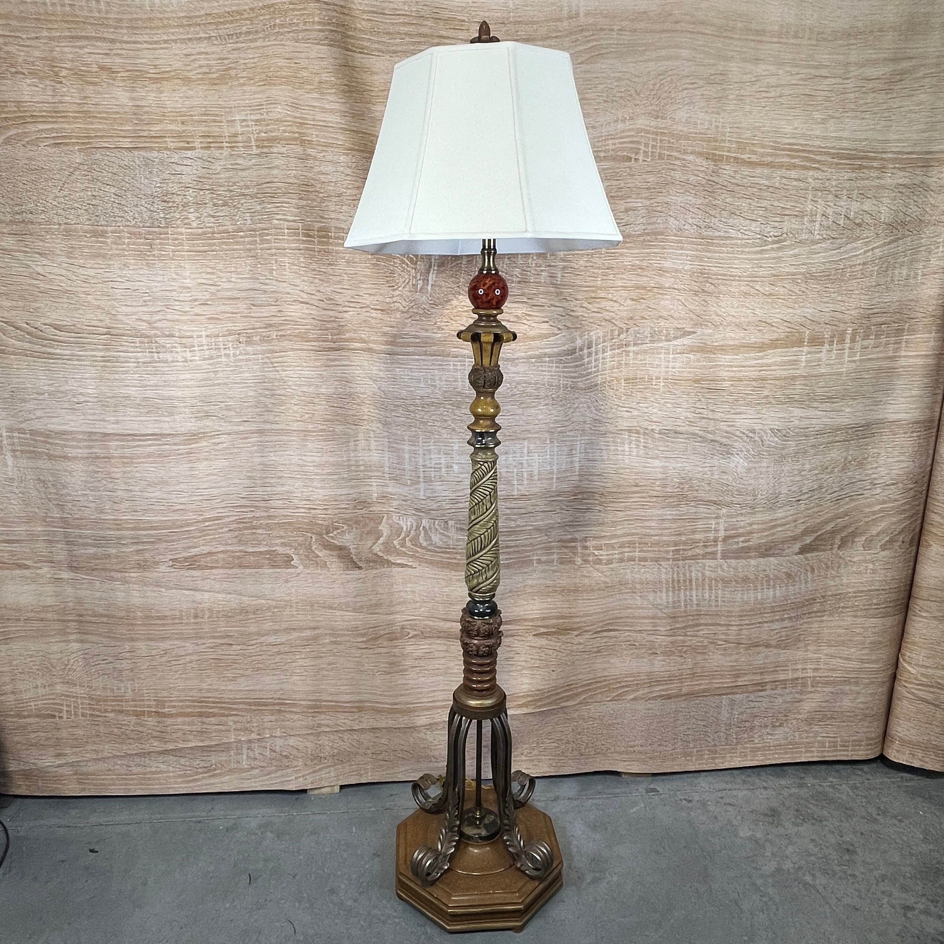 Traditional Multicolored Carved Wood, Brass, and Metal Floor Lamp