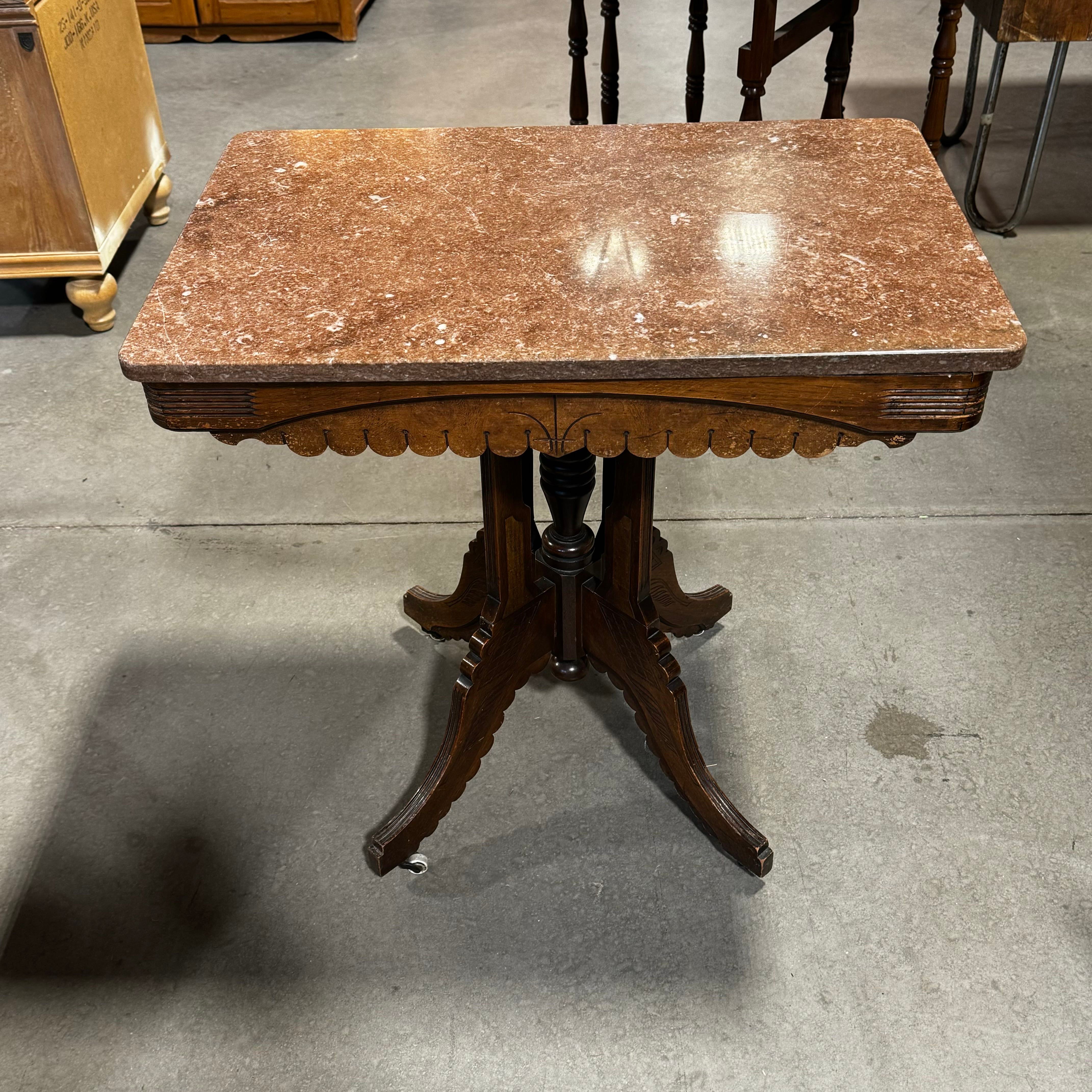 Vintage Marble Top Inlaid Wood Carved Pedestal Accent Table
