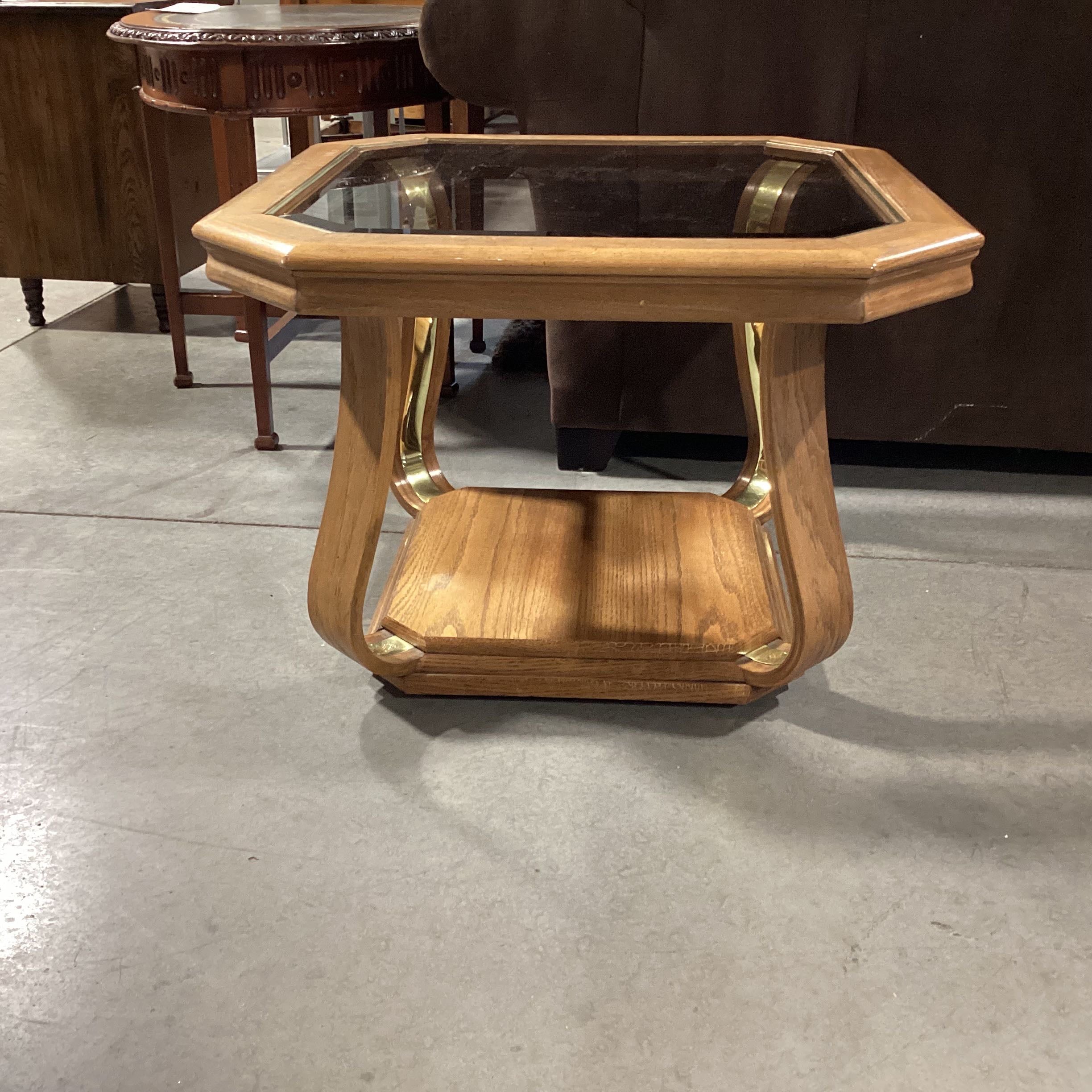 Oak with Brass Accent glass Top End Table