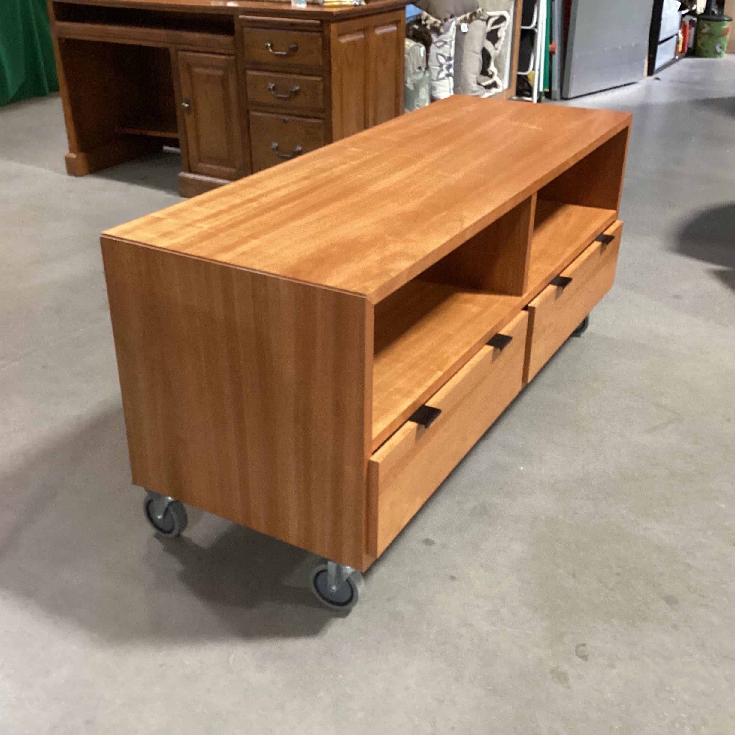 Cherry Veneer 2 Drawer 2 Cubby on Casters Media Console