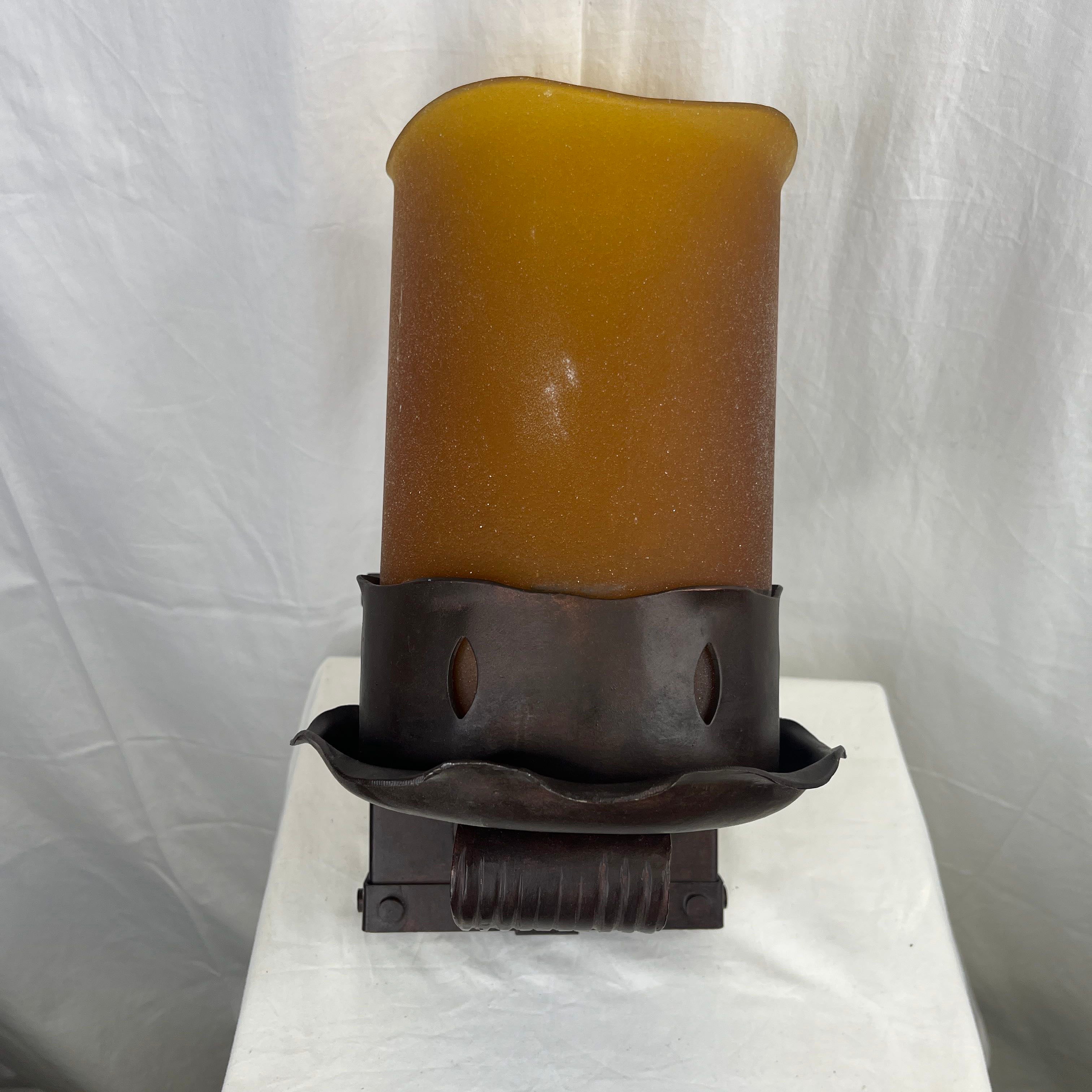 Custom Bronze Brushed Copper with Frosted Amber Candle Glass Outdoor Sconce