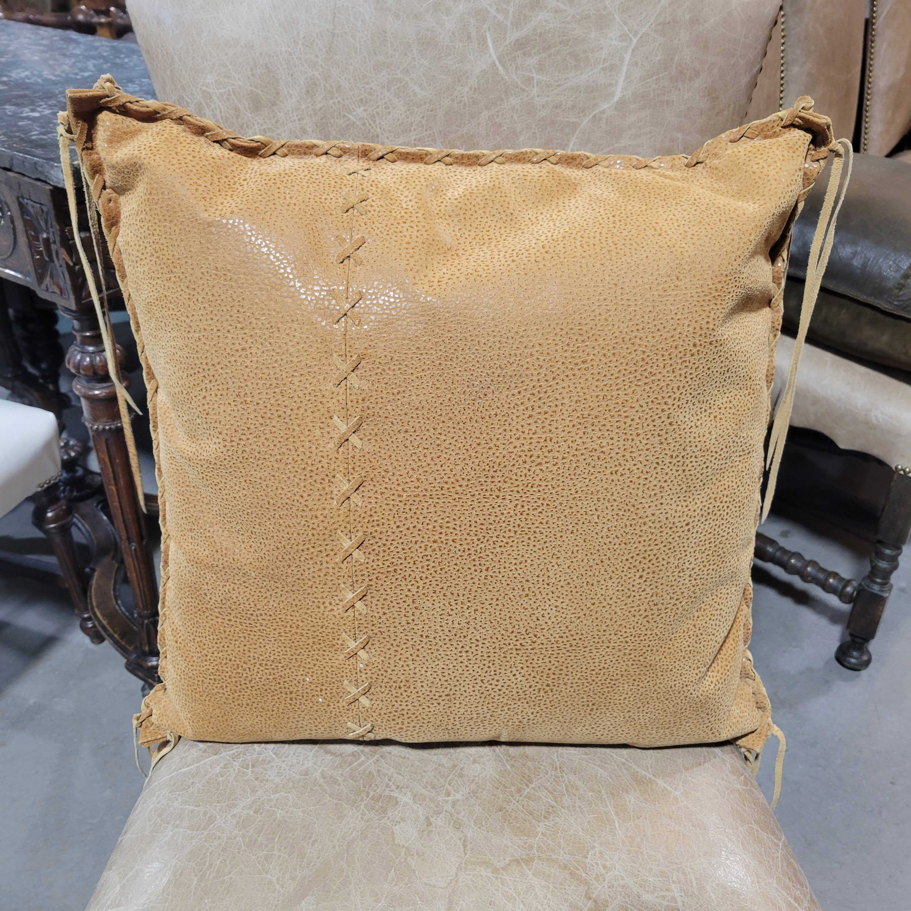 Golden Tan Suede Leather & Stitching Accent Pillow