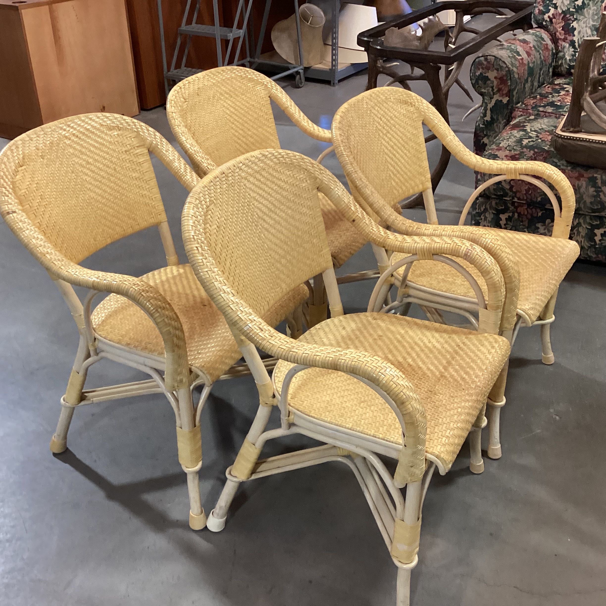 Set of 4 Leather Woven Armed Dining Chairs