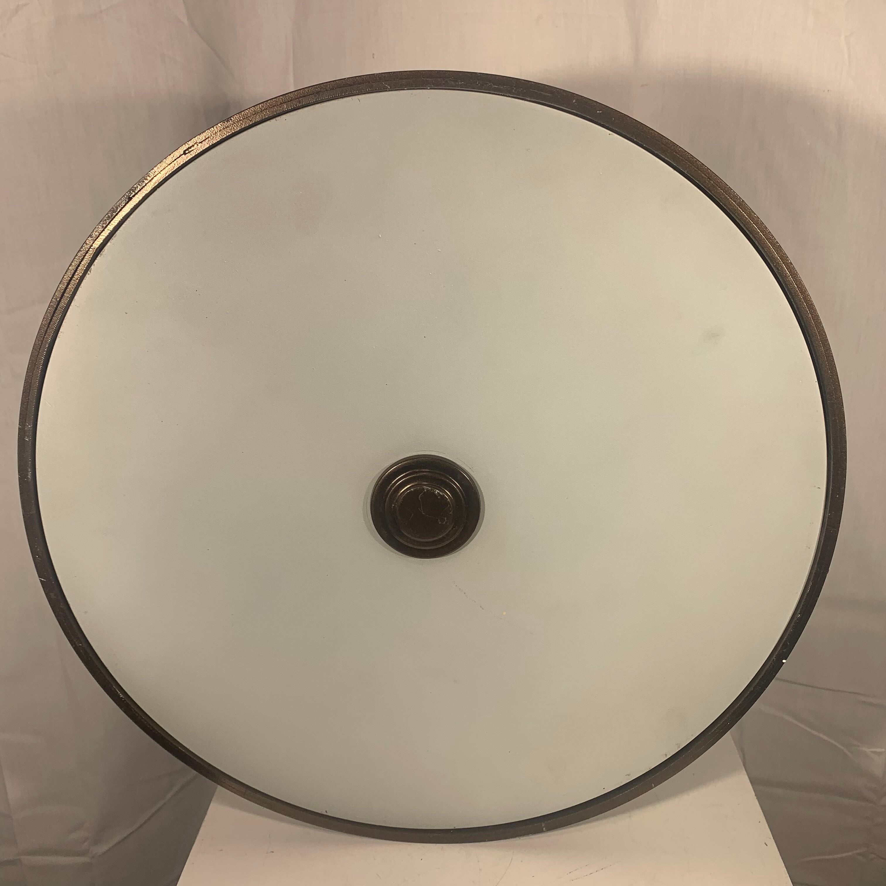 15" Diameter x 6" Uniline Brown Metal with White Glass 2 Light  Various Condition Ceiling Fixture