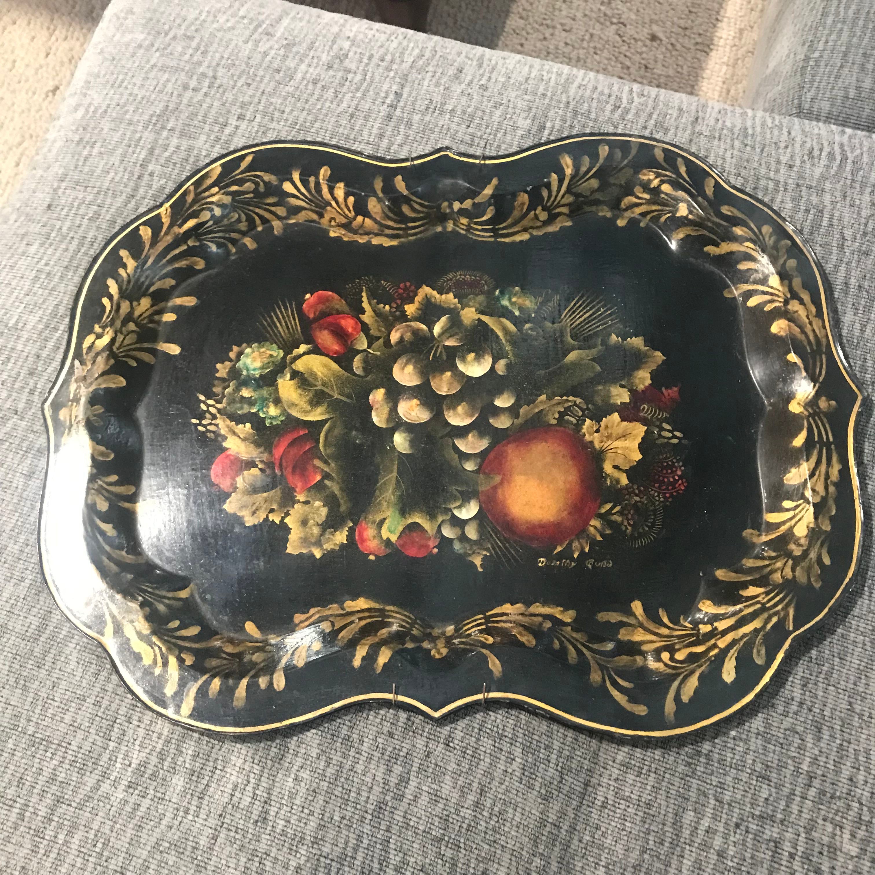 24"x 18.5" 1930's Handpainted with Chippendale Shape Signed Tole Painted Tray