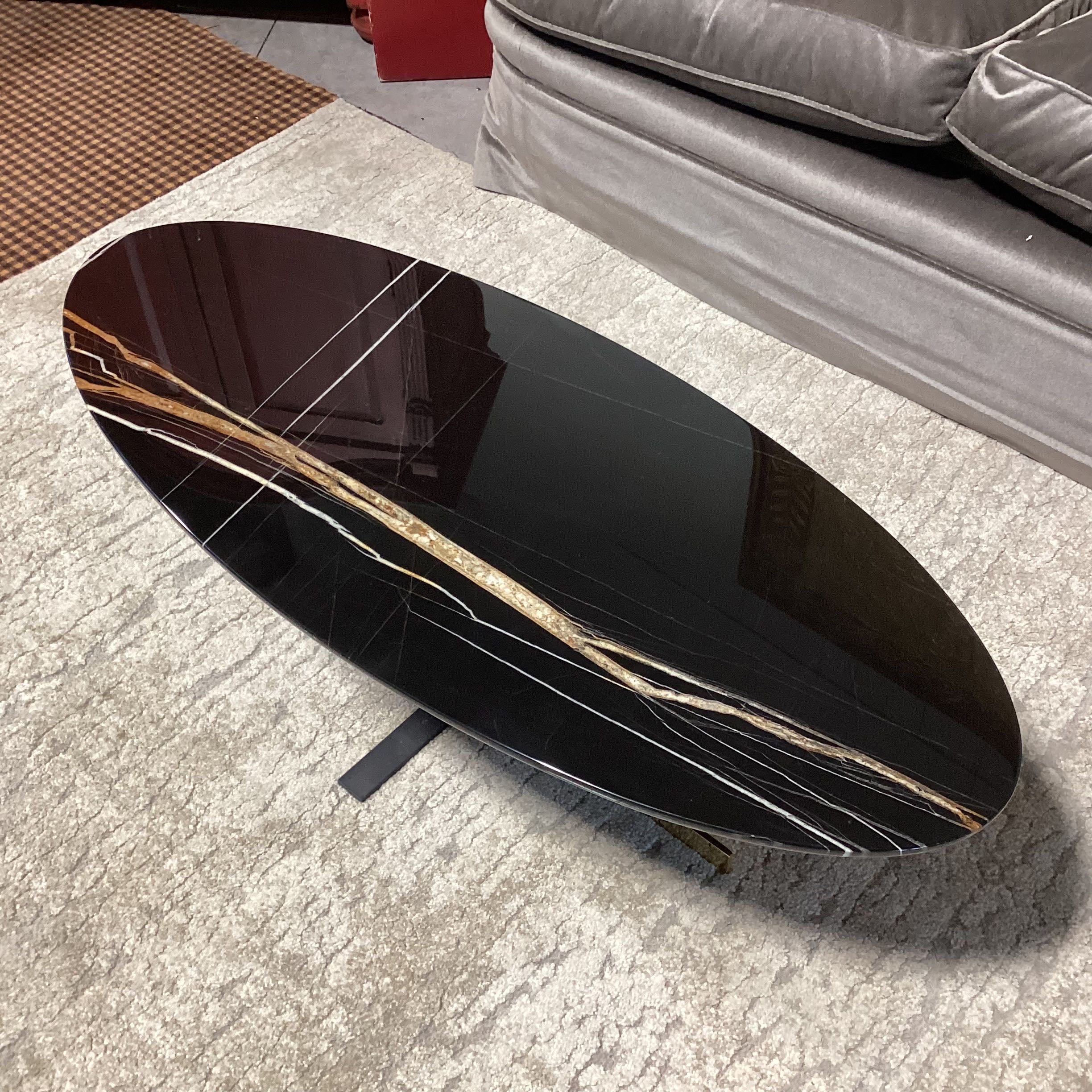 Minotti Black Gold Oval Marble & Gold Metal Base Coffee Table