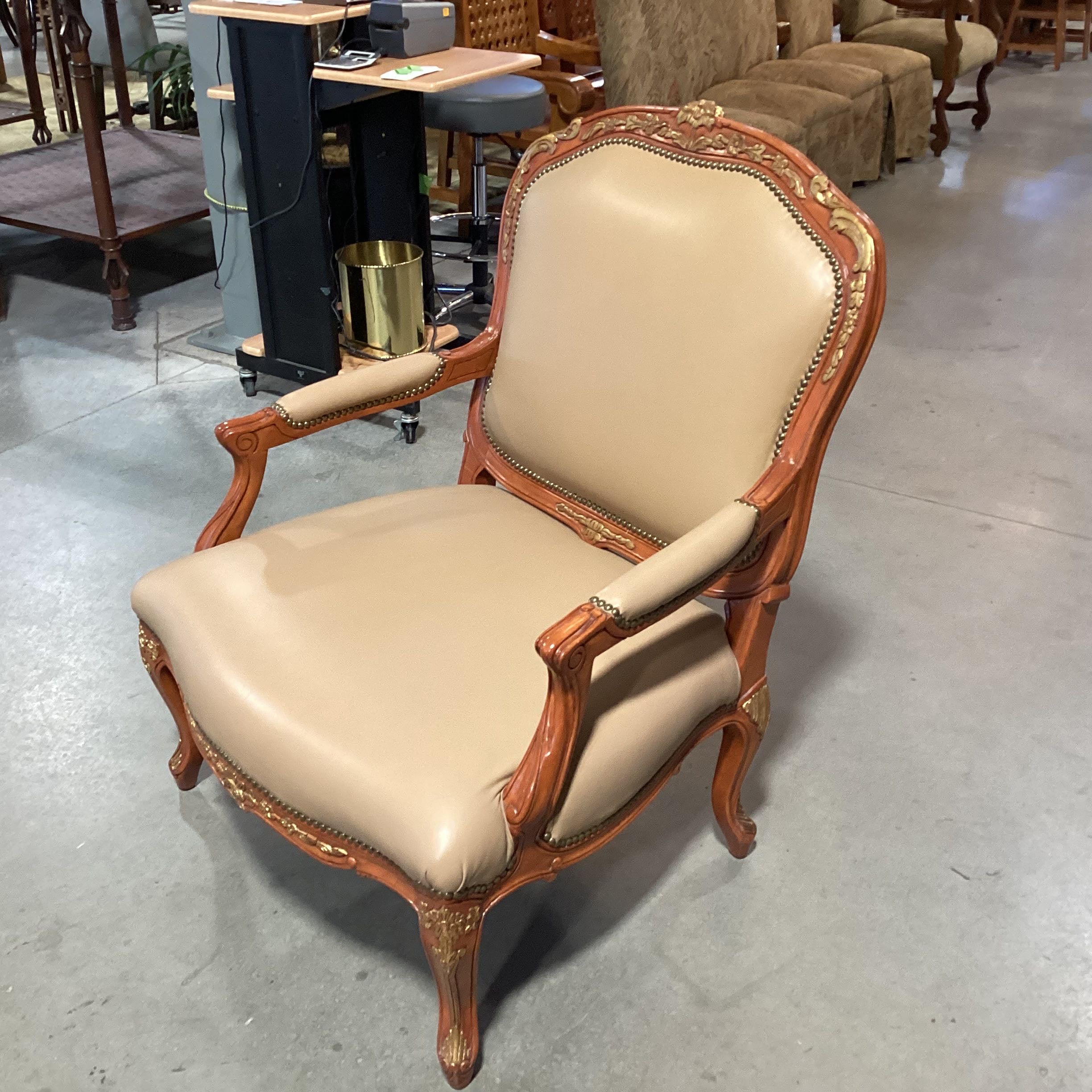 Beverly Interiors Stewart Furniture Carved Wood Gilded Detail Beige Leather Nailhead Chair