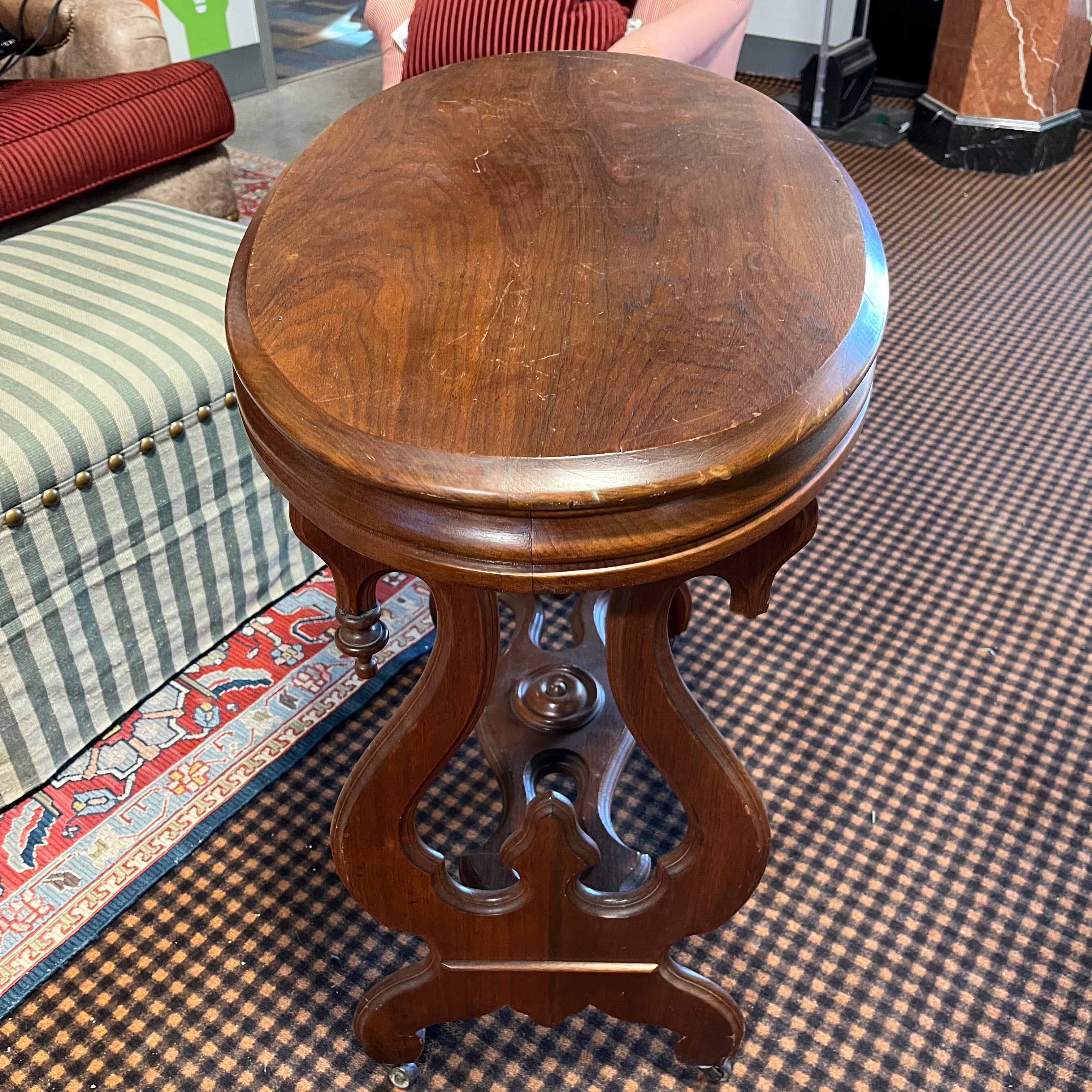 Antique Oval Carved Wood Trestle Accent Table