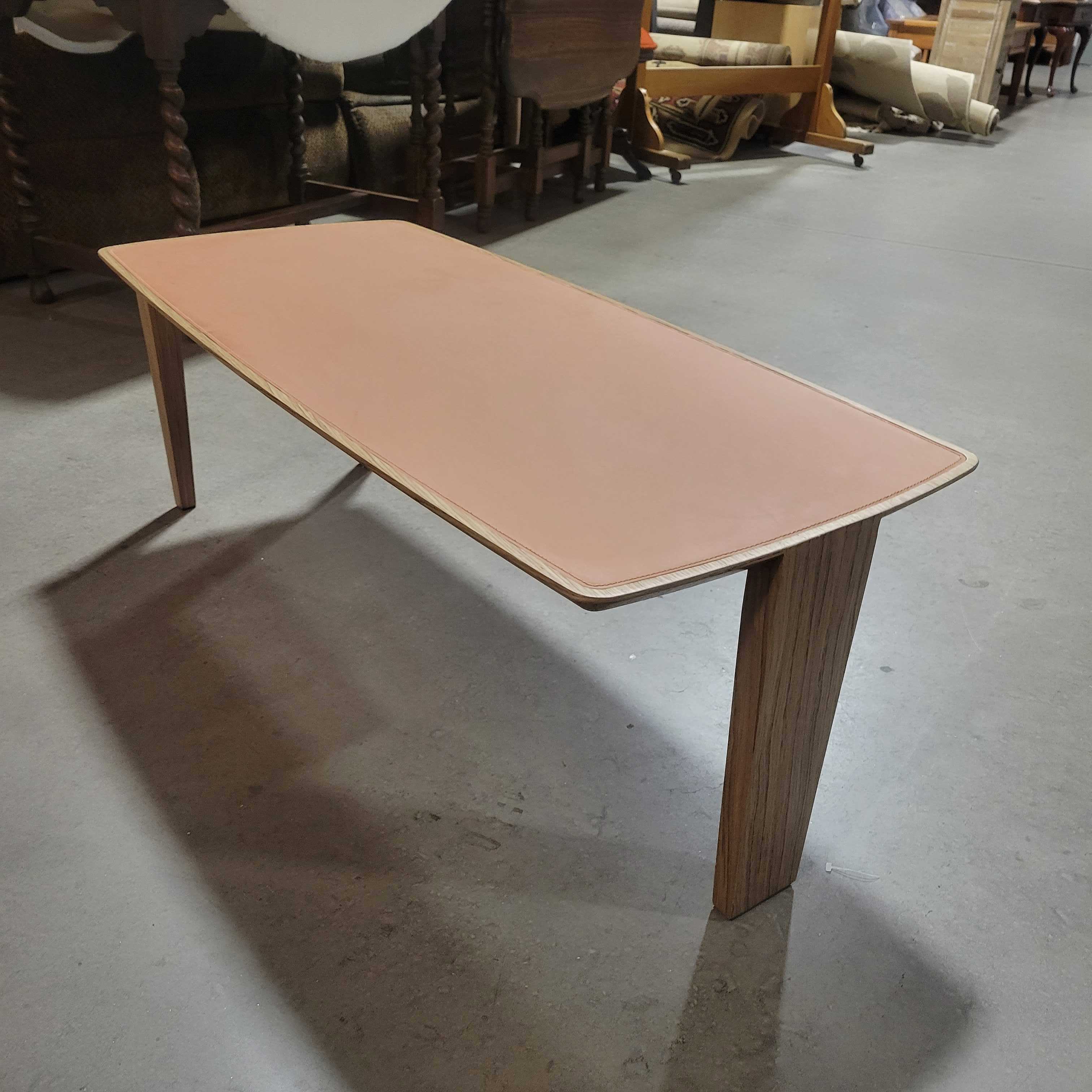 Mid Century Modern Style Wood & Burnt Orange Leather Top Coffee Table