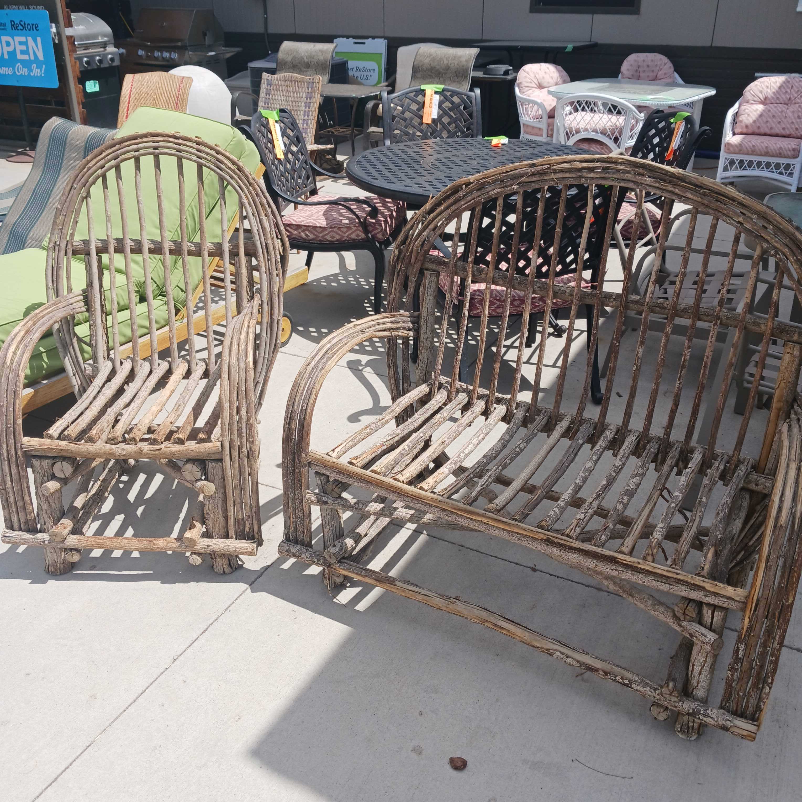 Set of 2 Weathered Bentwood with Chair Patio Loveseat