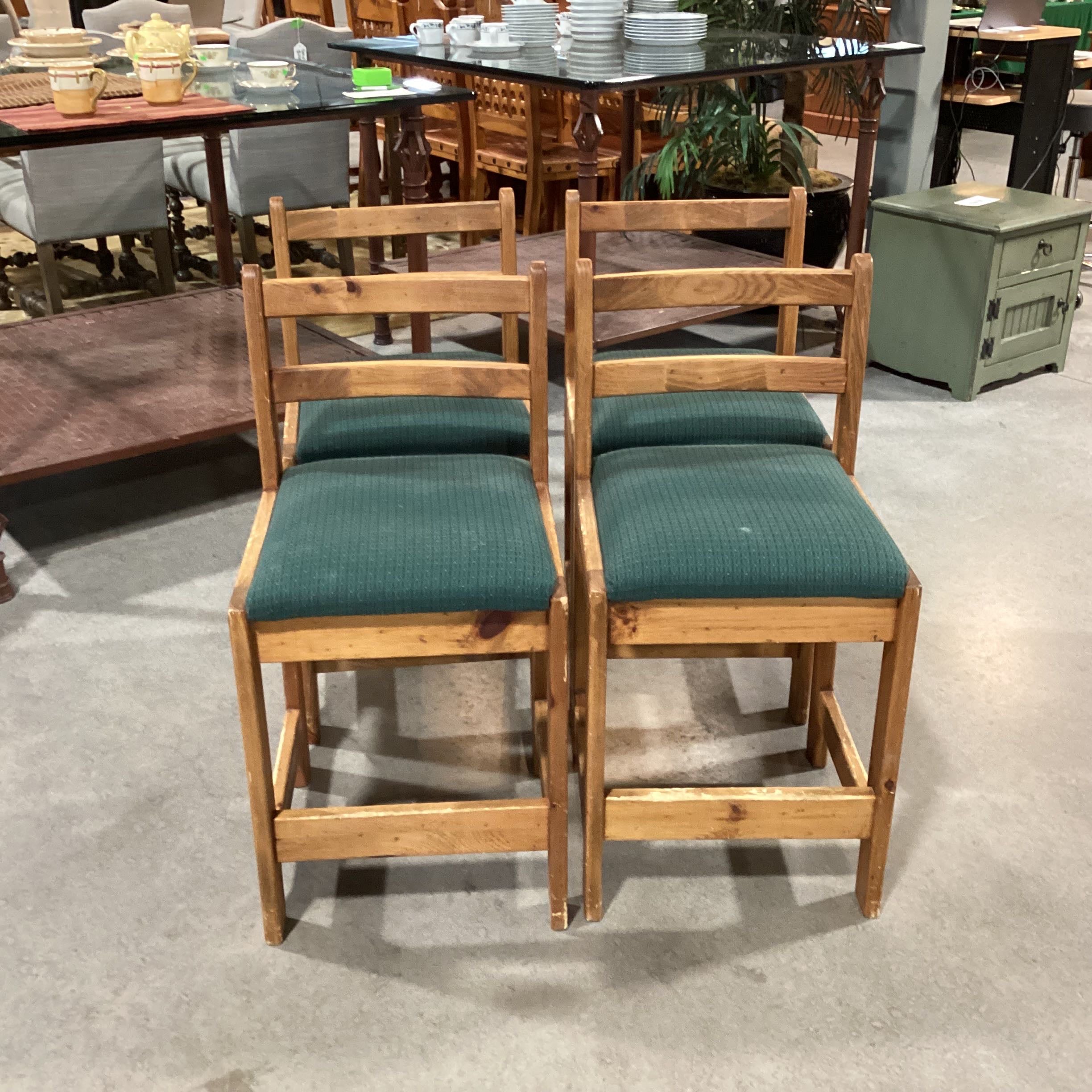 Set of 4 Distressed Pine & Forest Green Seat Barstools