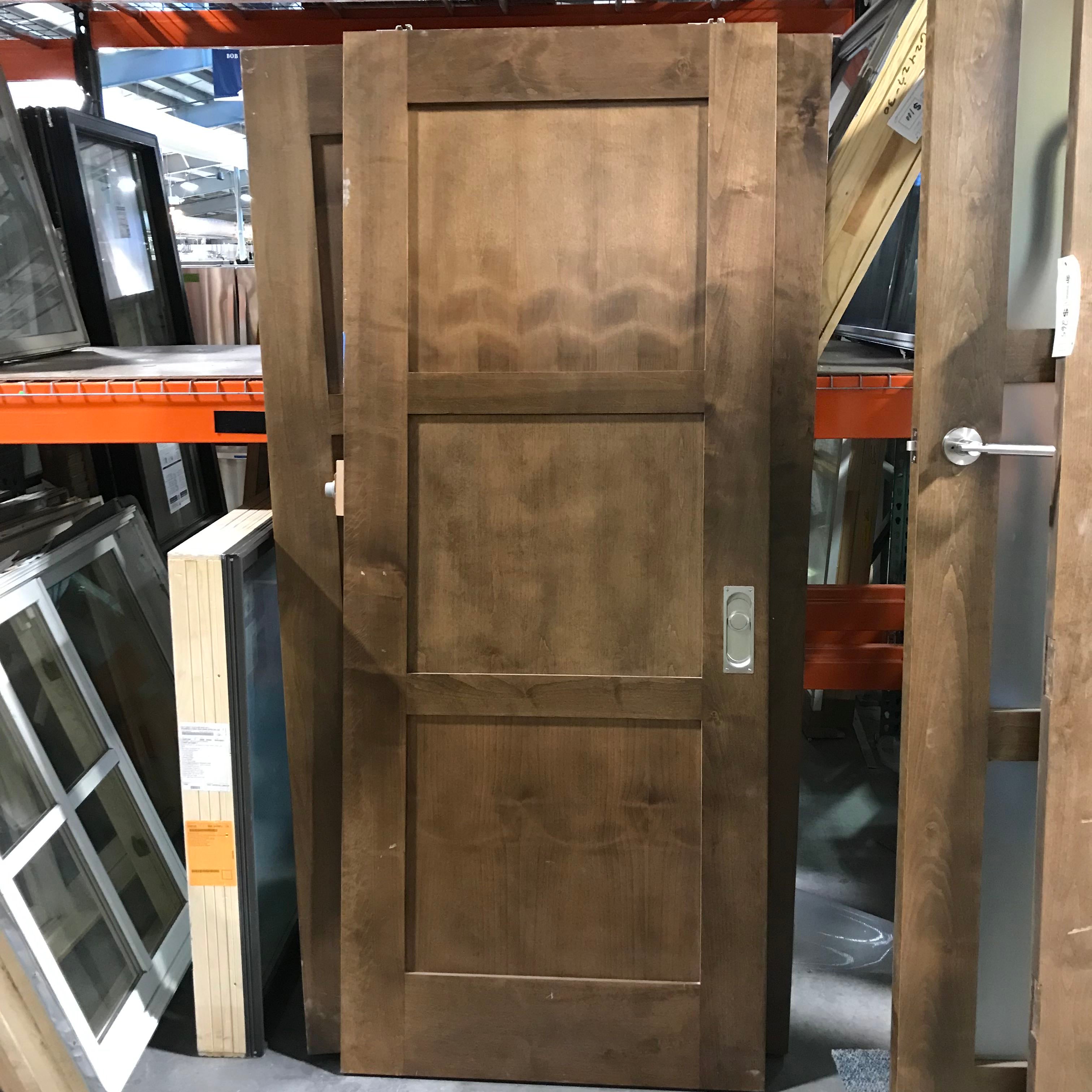 36"x 89.25"x 1.75" 3 Panel Brown Stained Alder Veneer with Track Solid Interior Pocket Door