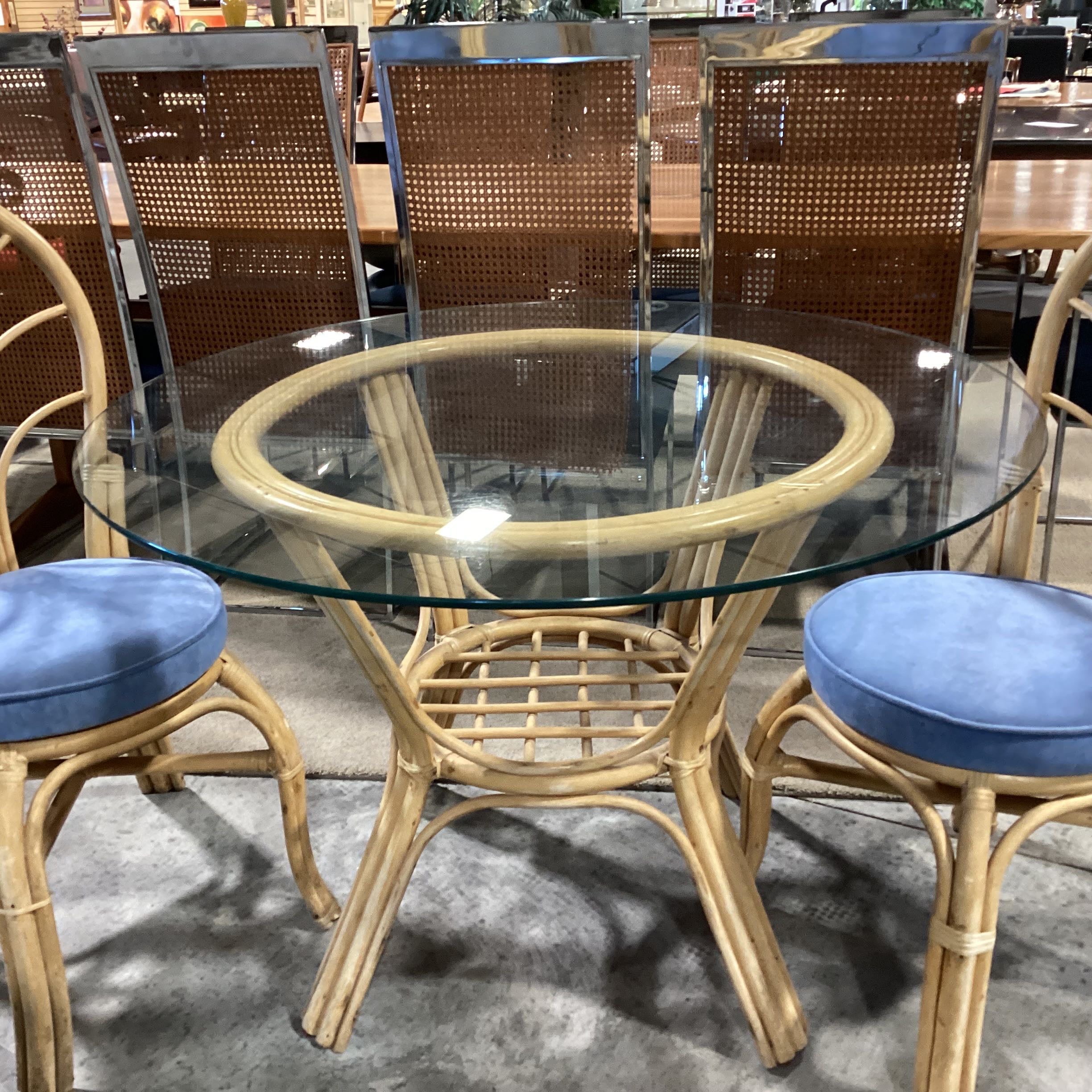 Rattan & Bamboo Style Glass Round Table with 2 Chairs Dining Set