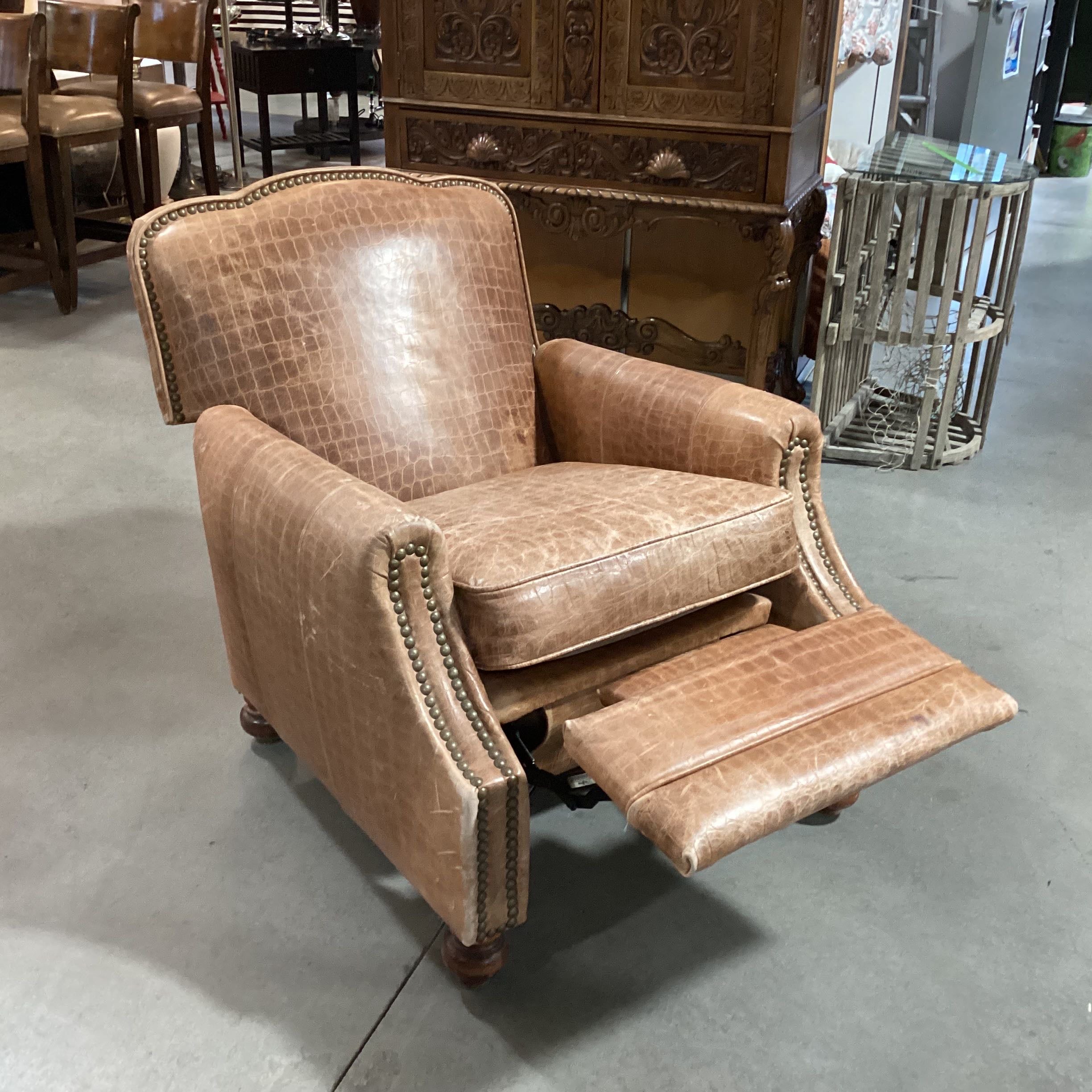 Barcalounger Snake Embossed Nailhead Accent Distressed Leather Reclining Chair
