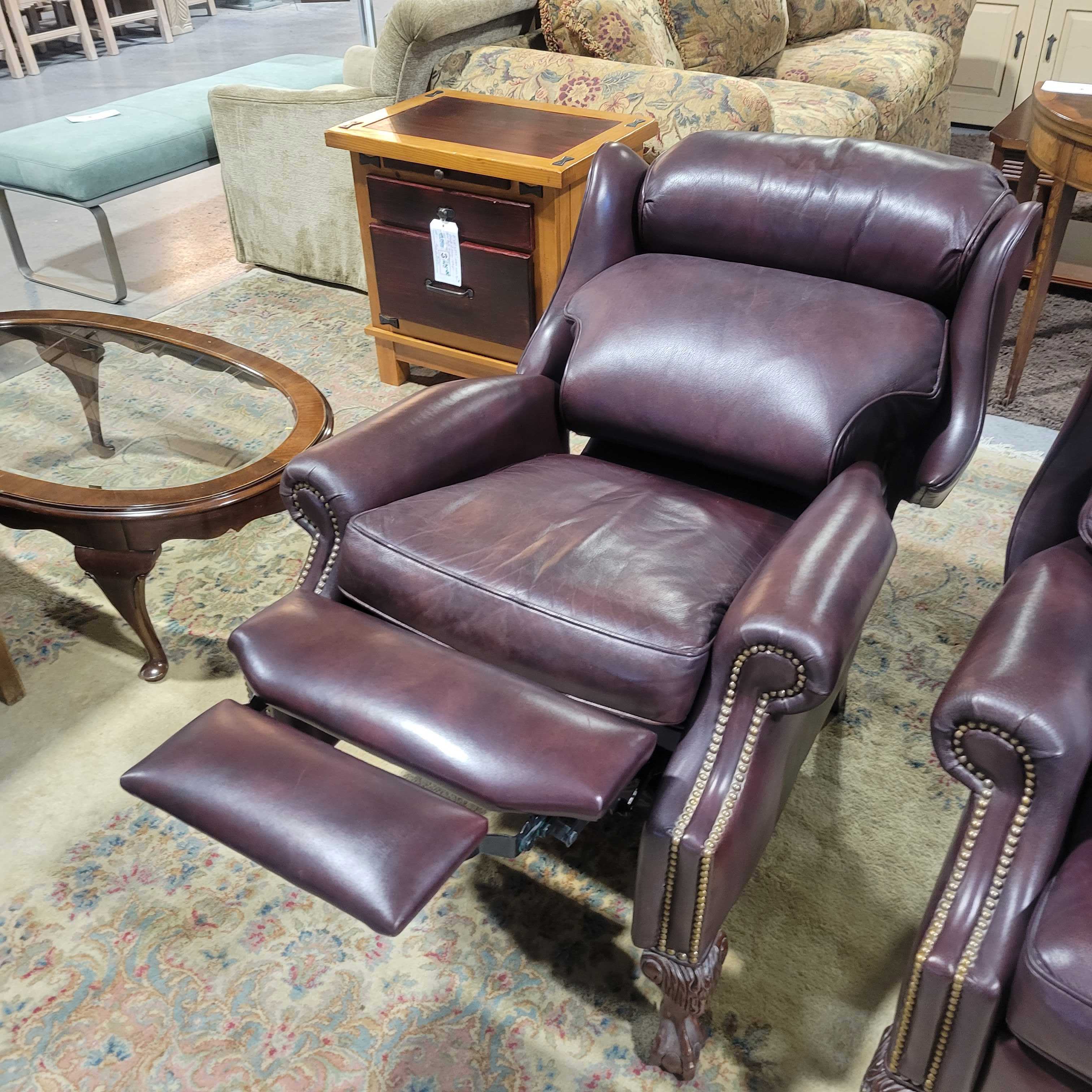 Hancock & Moore Burgundy Brown Leather Nailhead & Carved Wood Winged Recliner Chair
