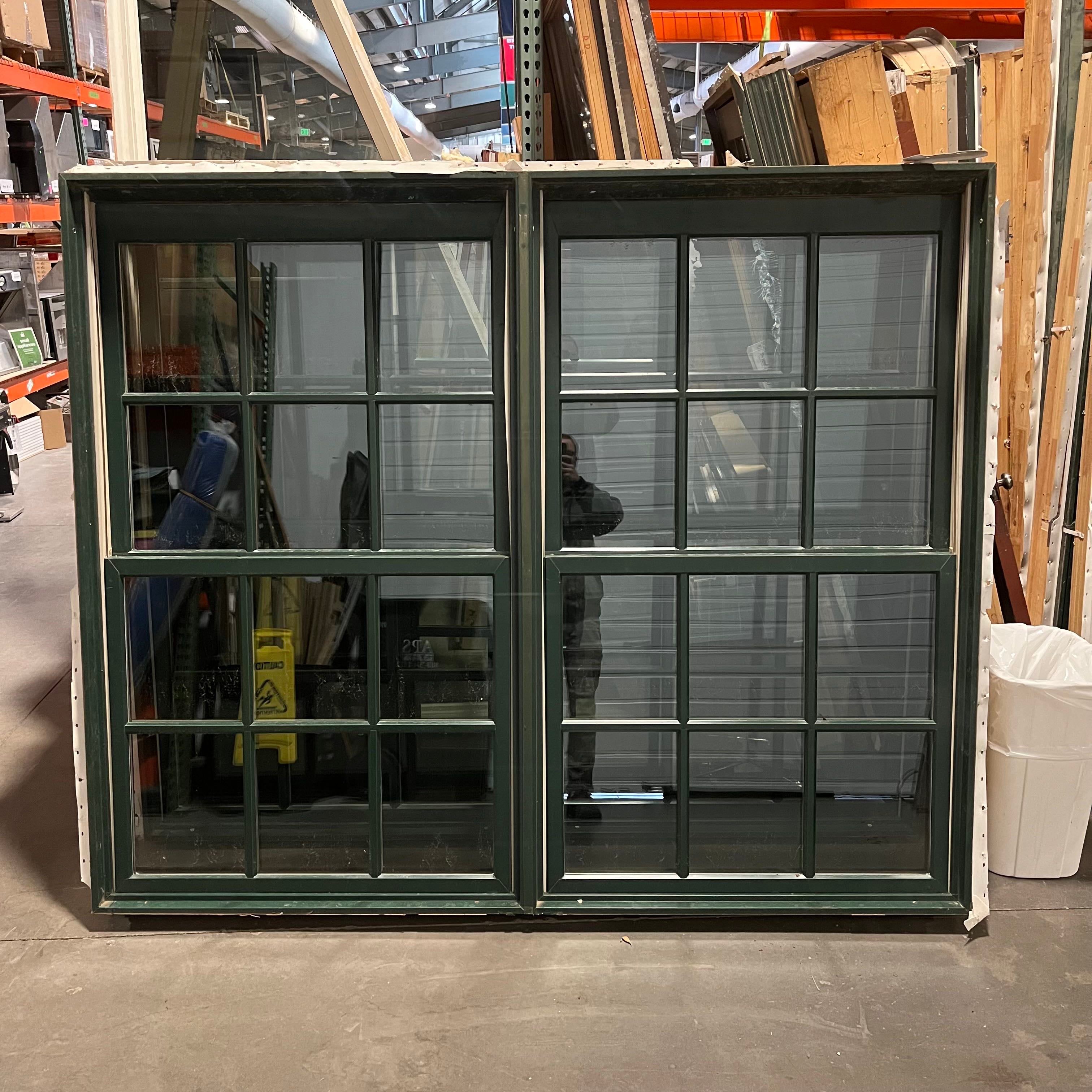 83"x 68.5"x 9.25" Green Metal Clad Dark Brown FInish 24 Glass Panels Exterior Mulled Double Hung Window