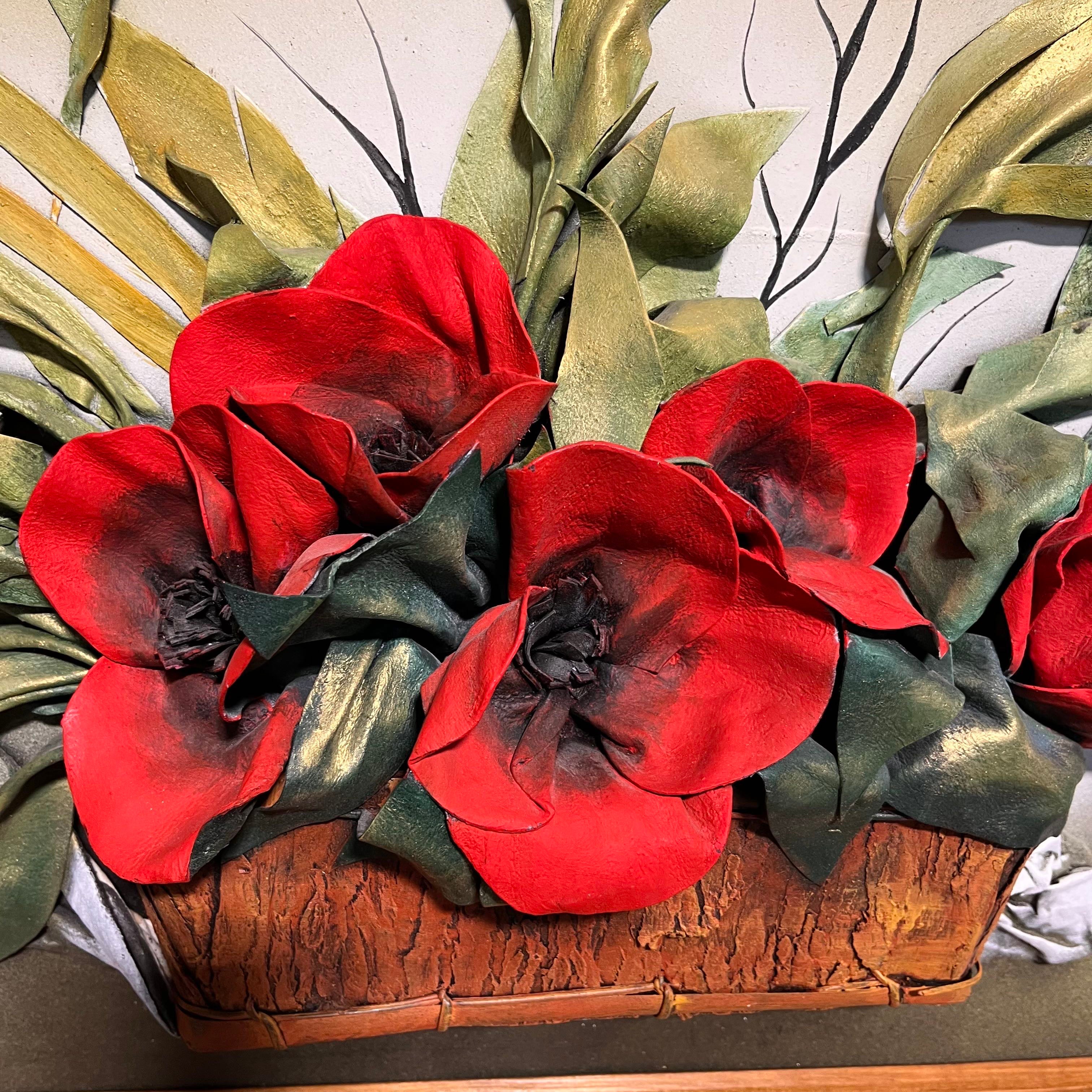 Bouquet of Poppies Leather and Paint on Board 3D Wall Art