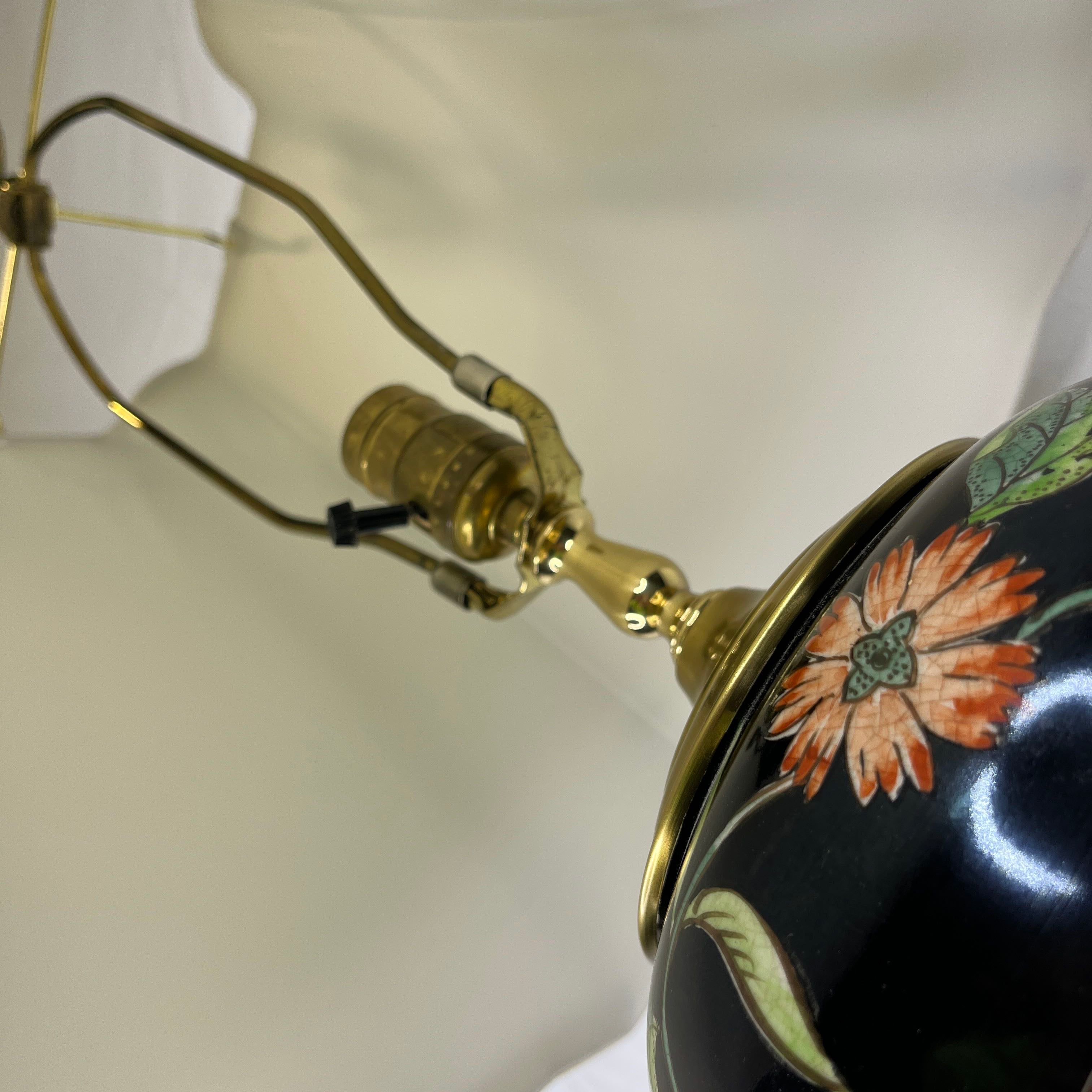 Handpainted Floral Japanese Ginger Jar on a Copper Base Table Lamp