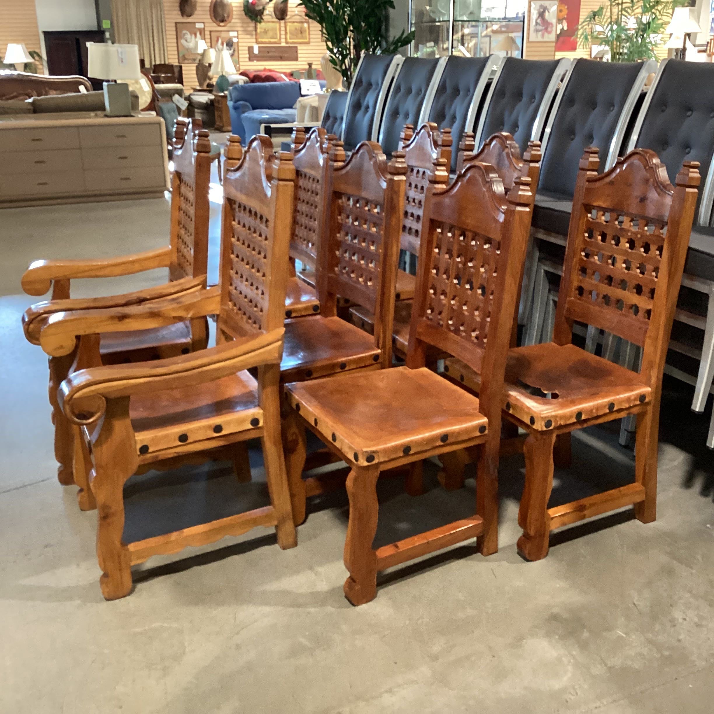 Set of 8 Ornate Carved Wood and Leather Nailhead Dining Chairs