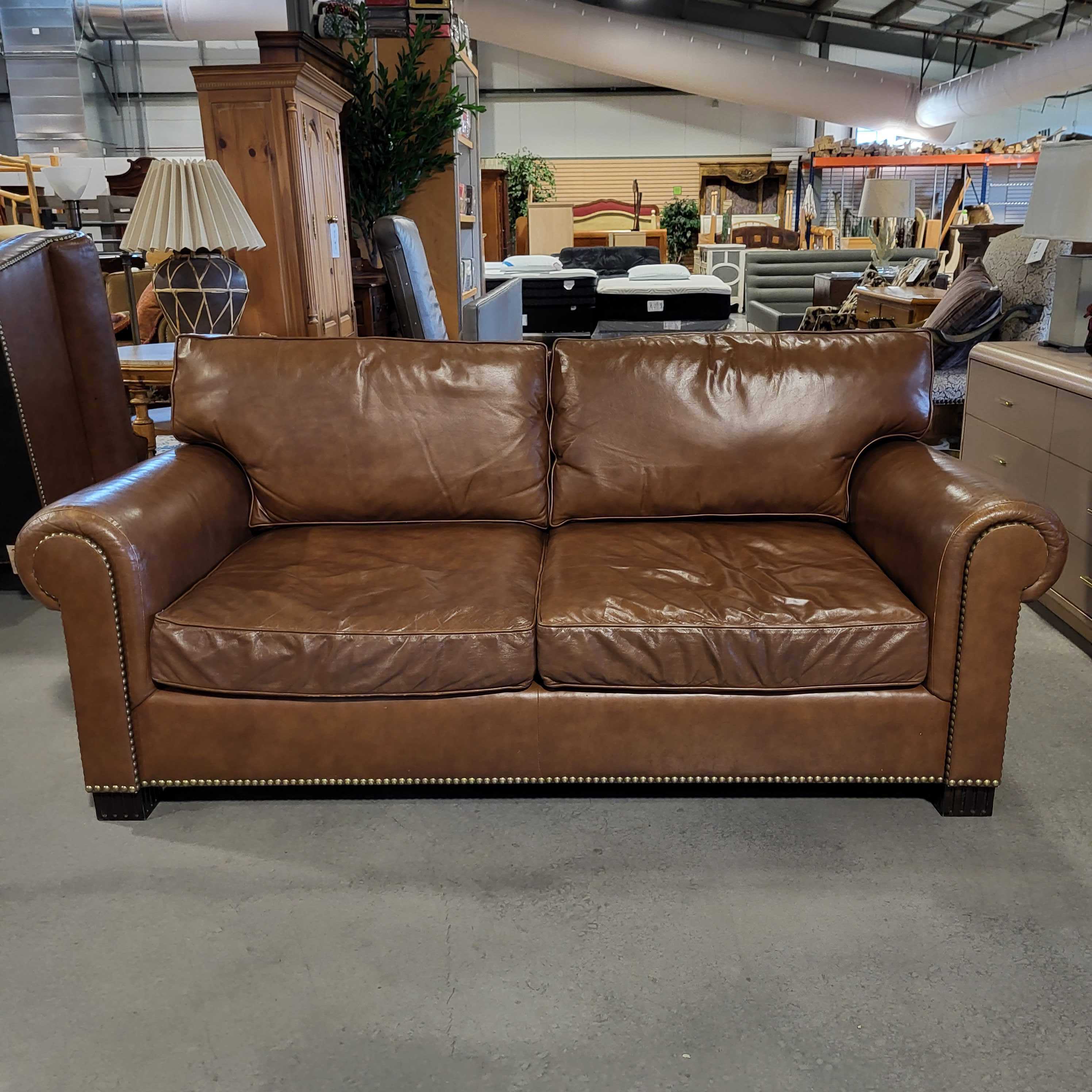 Ralph Lauren Brown Leather Nailhead Sofa