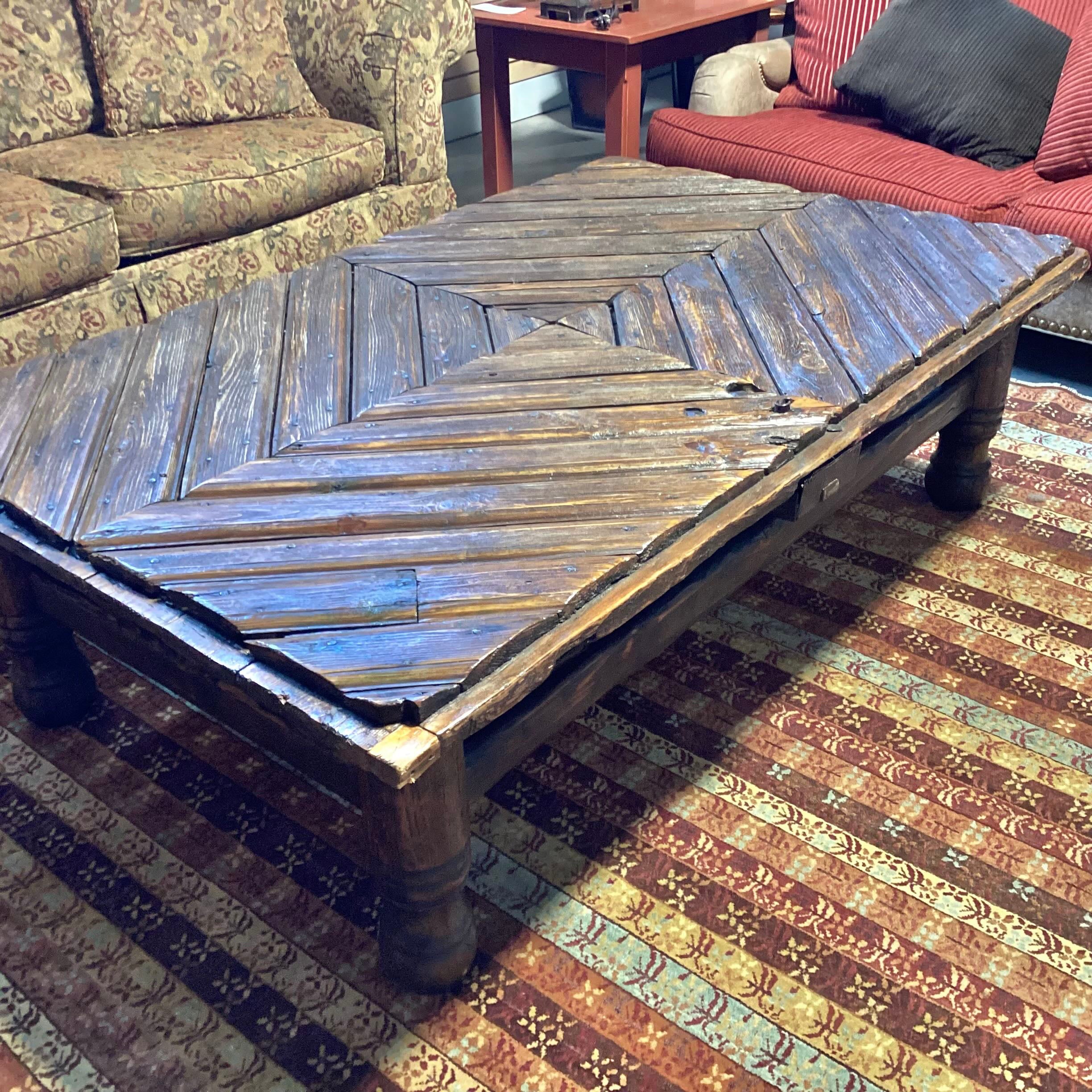 Antique Carved Wood Diamond Plank Door Coffee Table