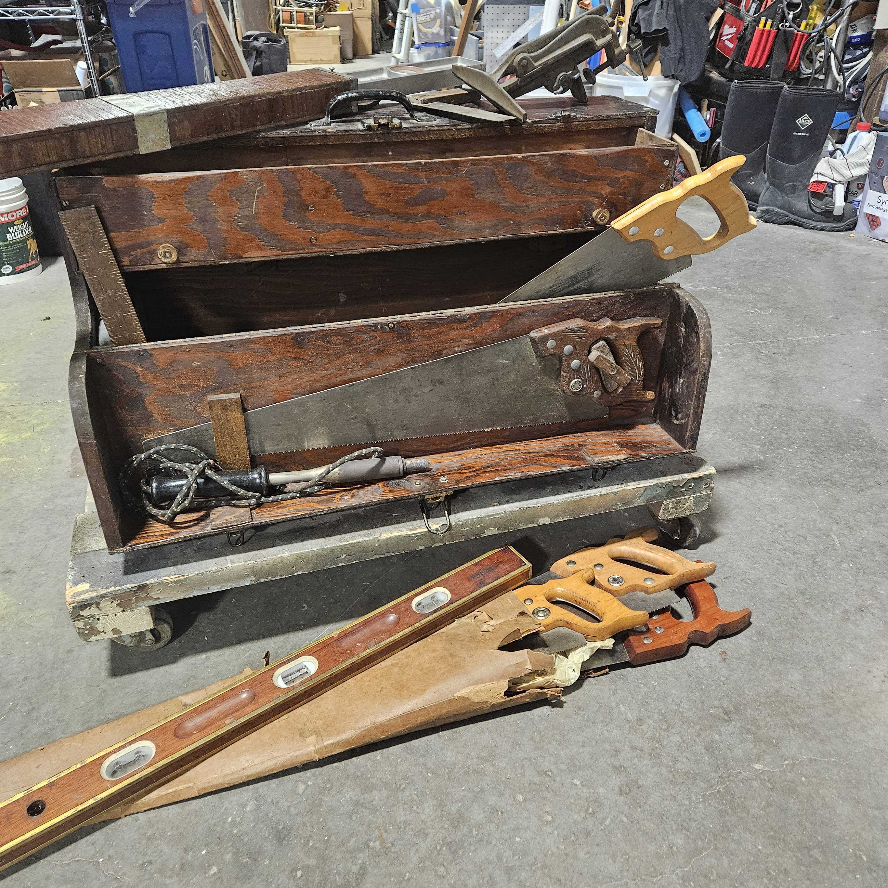 32"x 11"x 18.5" Vintage Hand Made Full of a Variety of Cool Vintage Tools Portable Tool Box