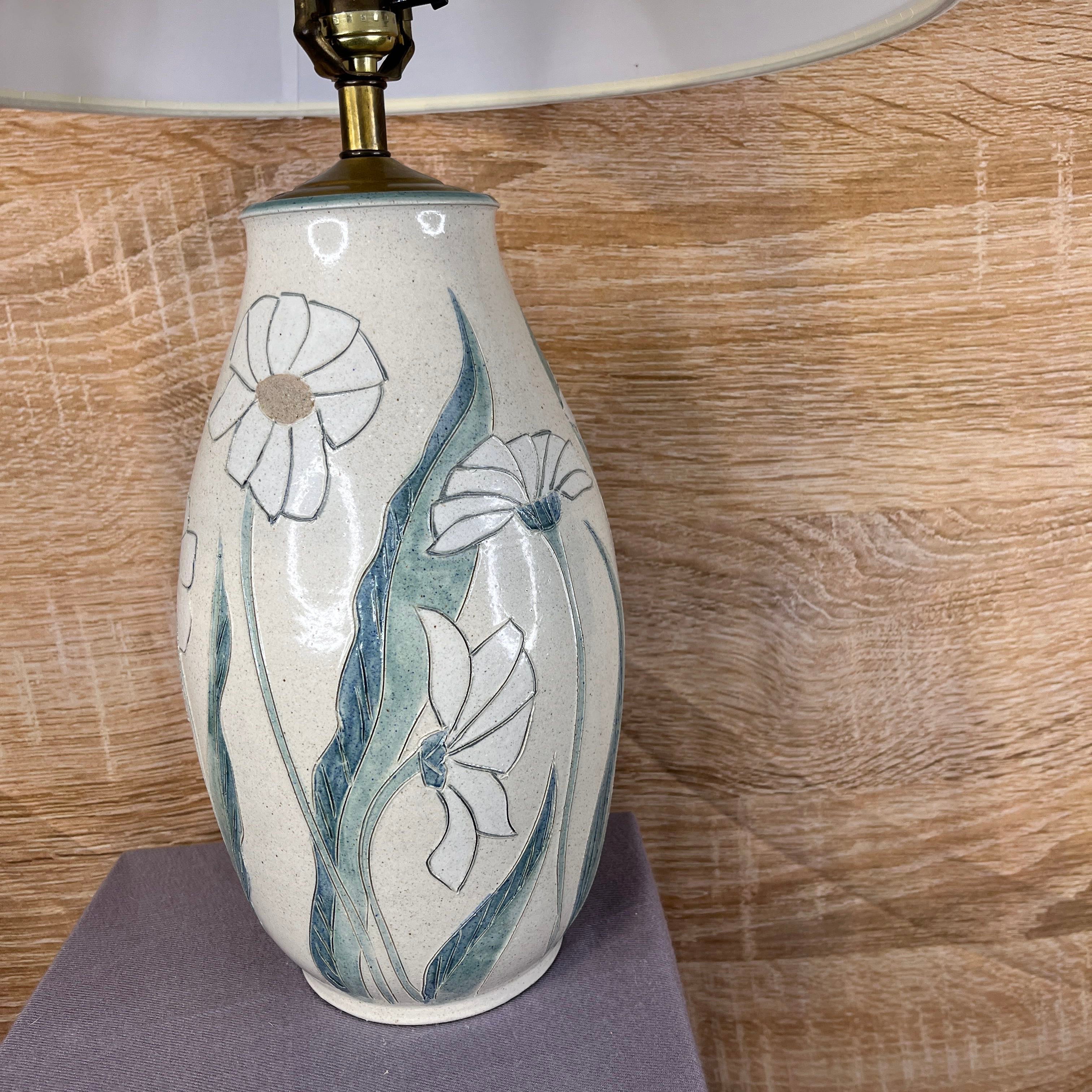Handmade Teal Ceramic Floral Base Table Lamp