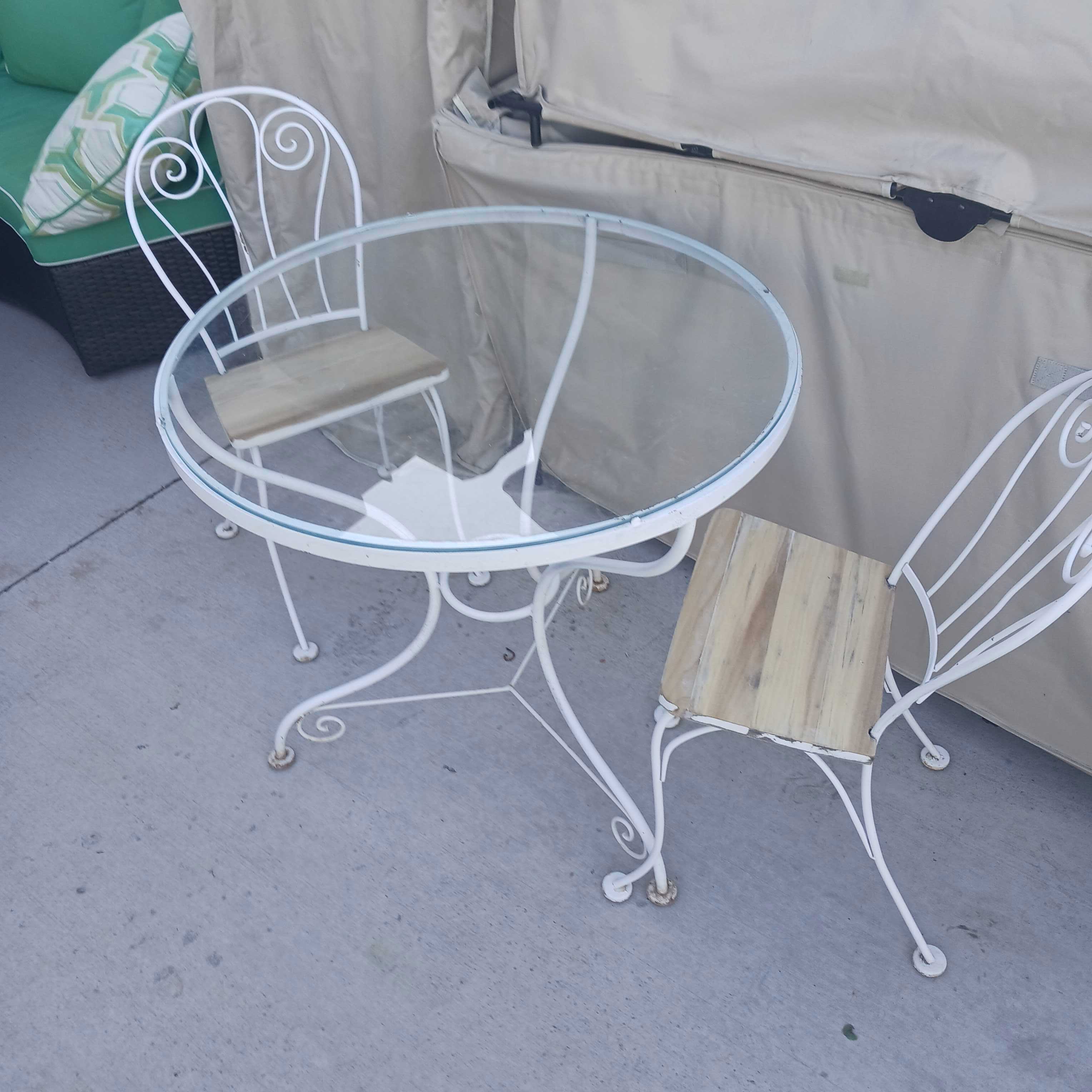 White Metal Glass Top Table with Chairs Patio Set