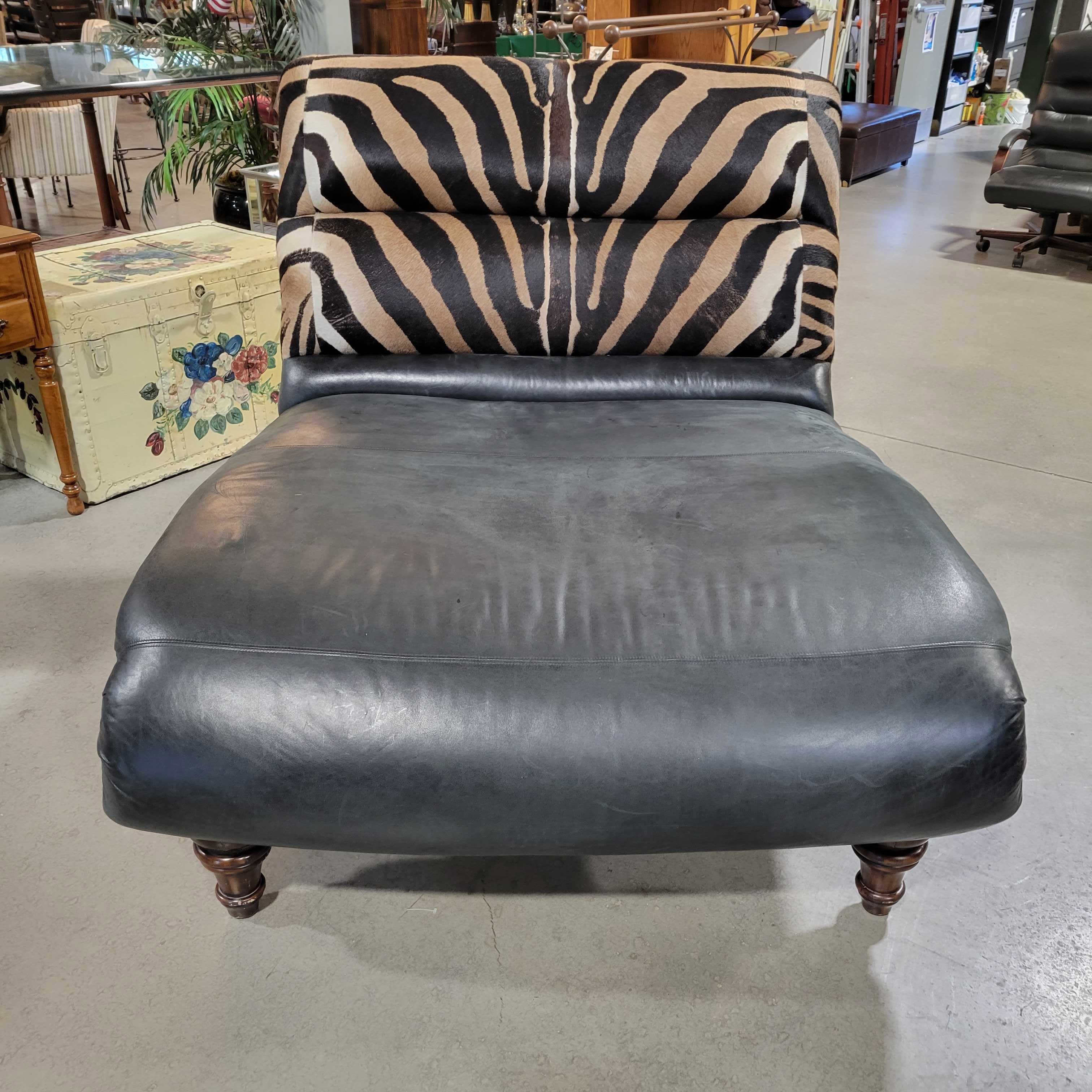 Amen Wardy Zebra Cowhide Green Leather Nailhead Carved Wood Lounge Chaise Sofa