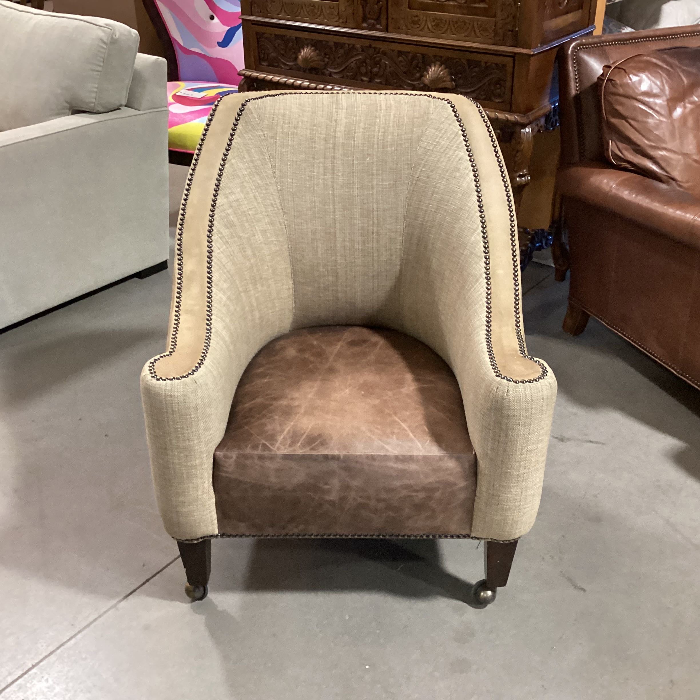 Linen Leather Nailhead On Casters Chair