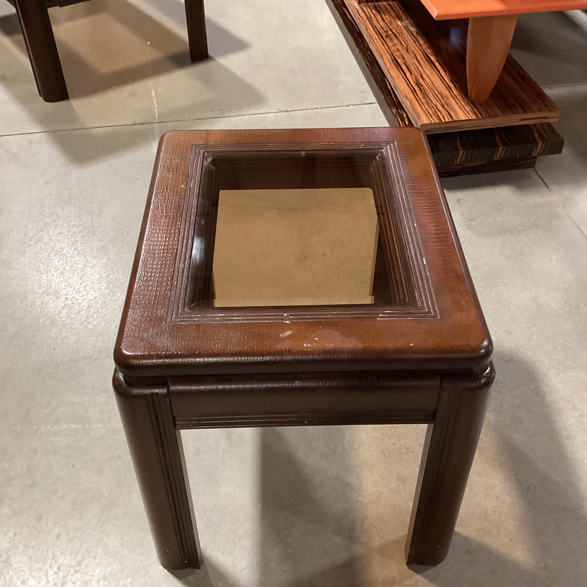 Leather Wrapped Glass Inset End Table