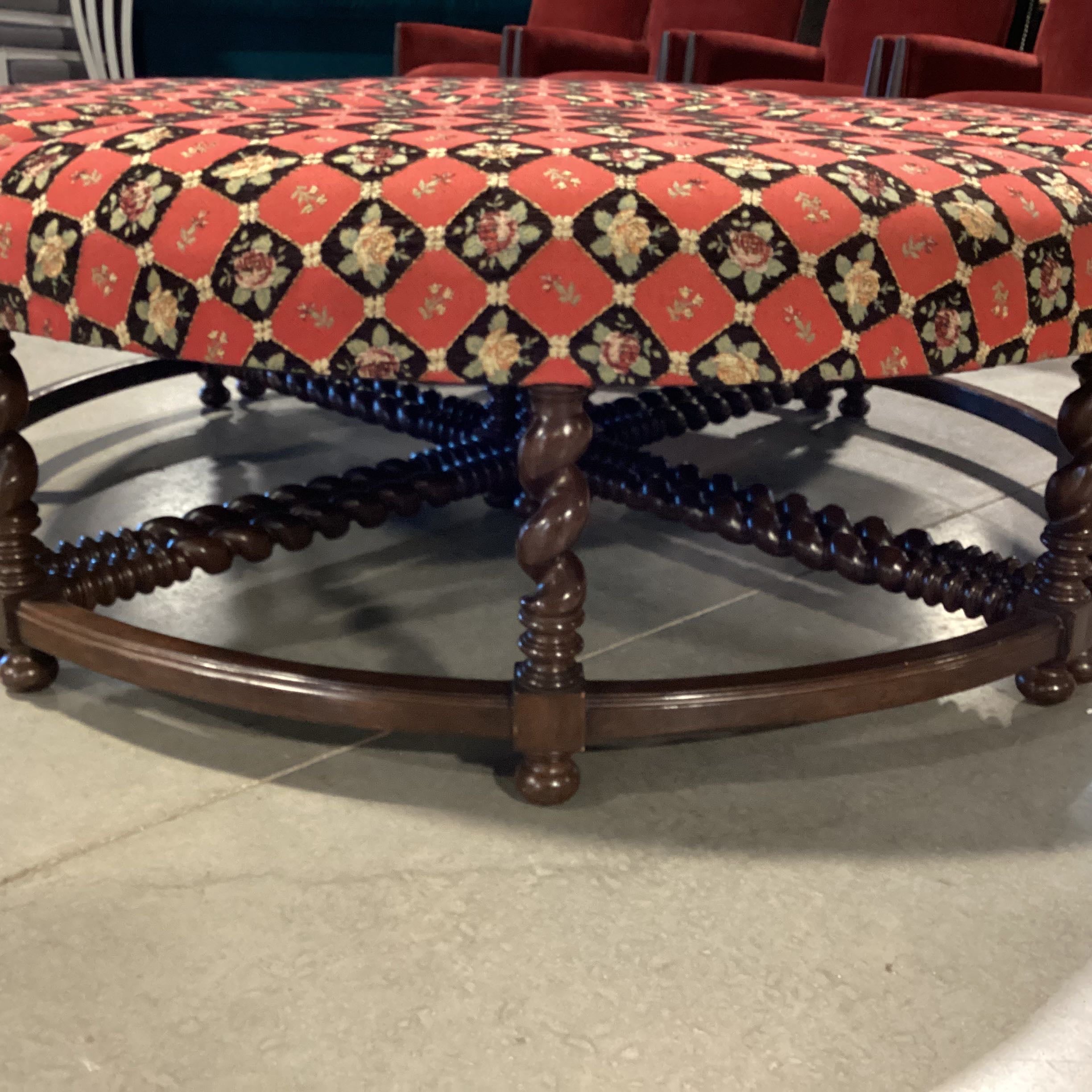 Rose Tarlow Melrose House Red Black Check with Rose Floral Dark Finish Carved Base 4 Piece Pie Ottoman