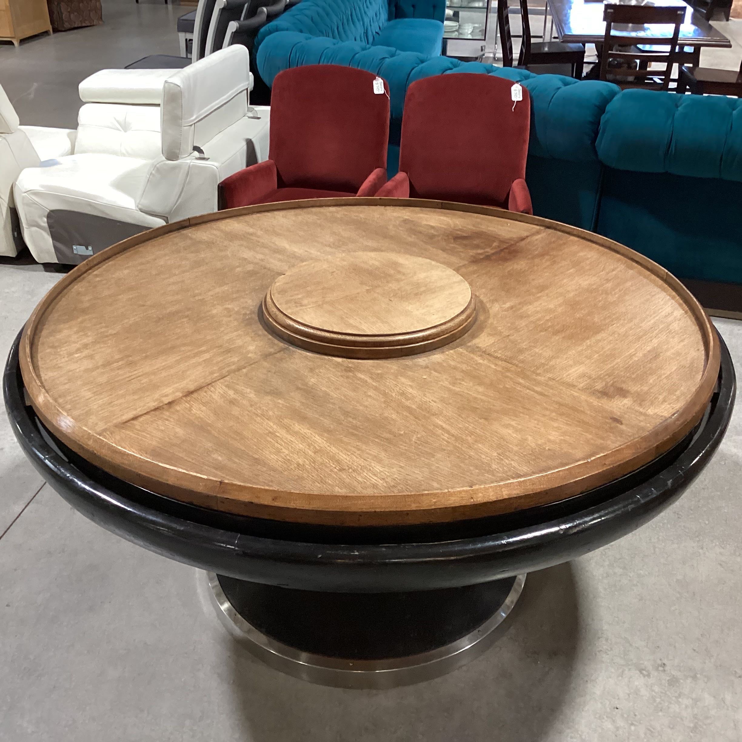 Round Wood and Metal with Wood Pedestal Full Lazy Susan Top Dining Table