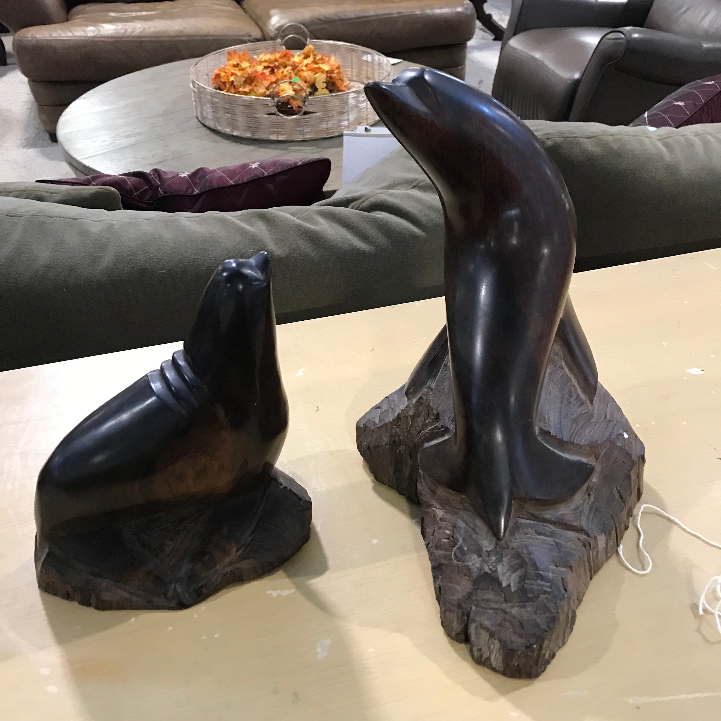 Set of 2 Iron Wood Carved Sea Lions