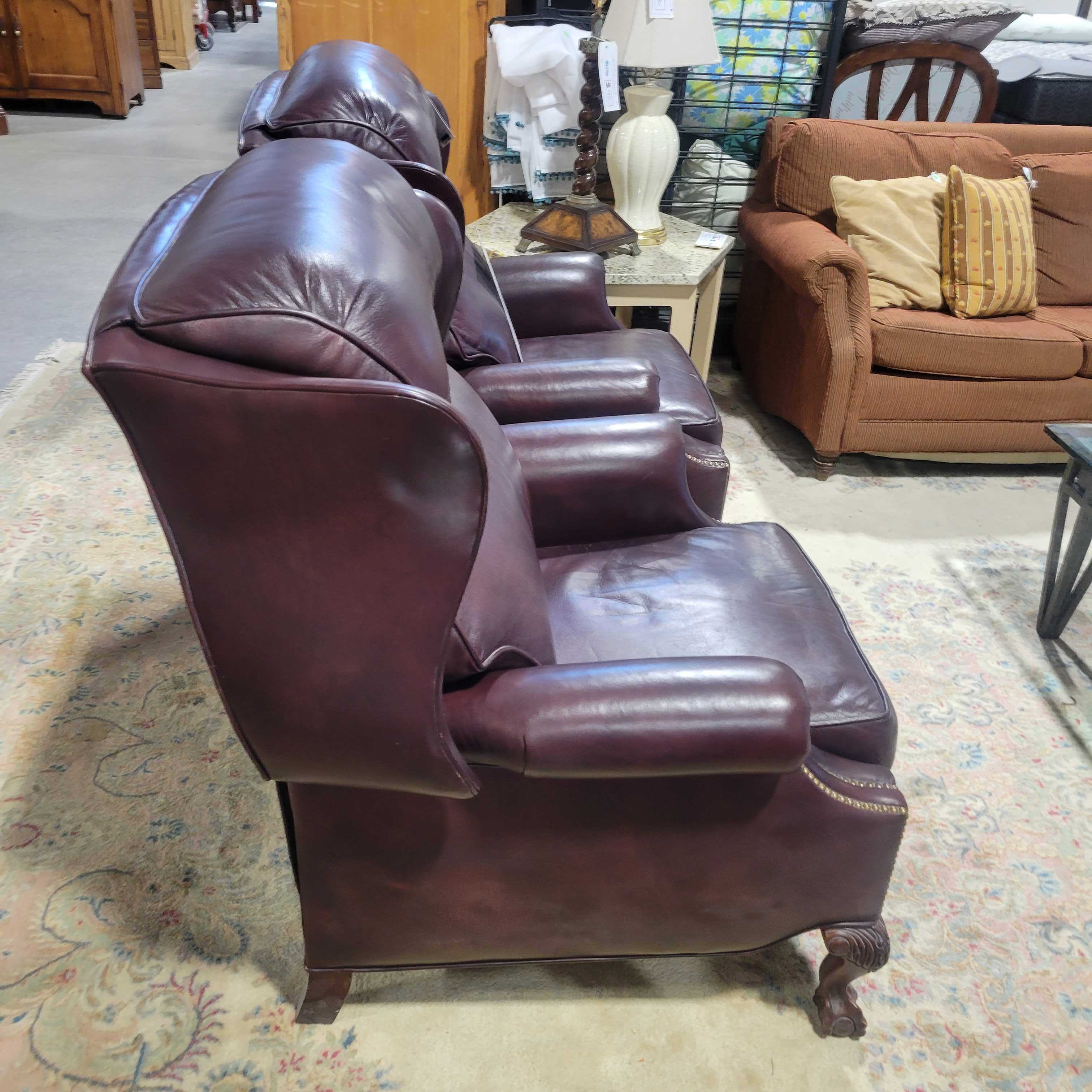 Hancock & Moore Burgundy Brown Leather Nailhead & Carved Wood Winged Recliner Chair