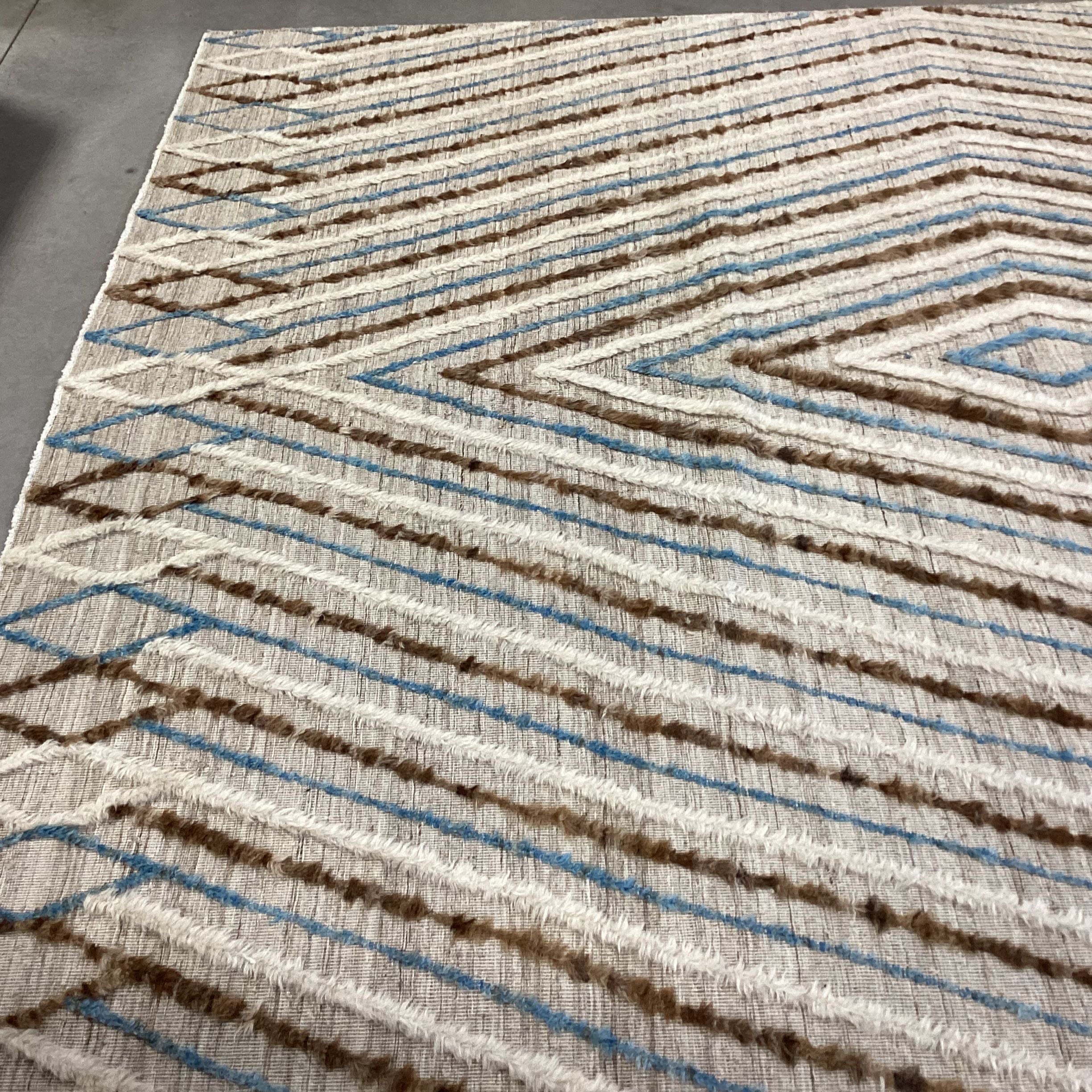 Cream Brown Blue Hand Knotted Wool with Raised Diamond Rug