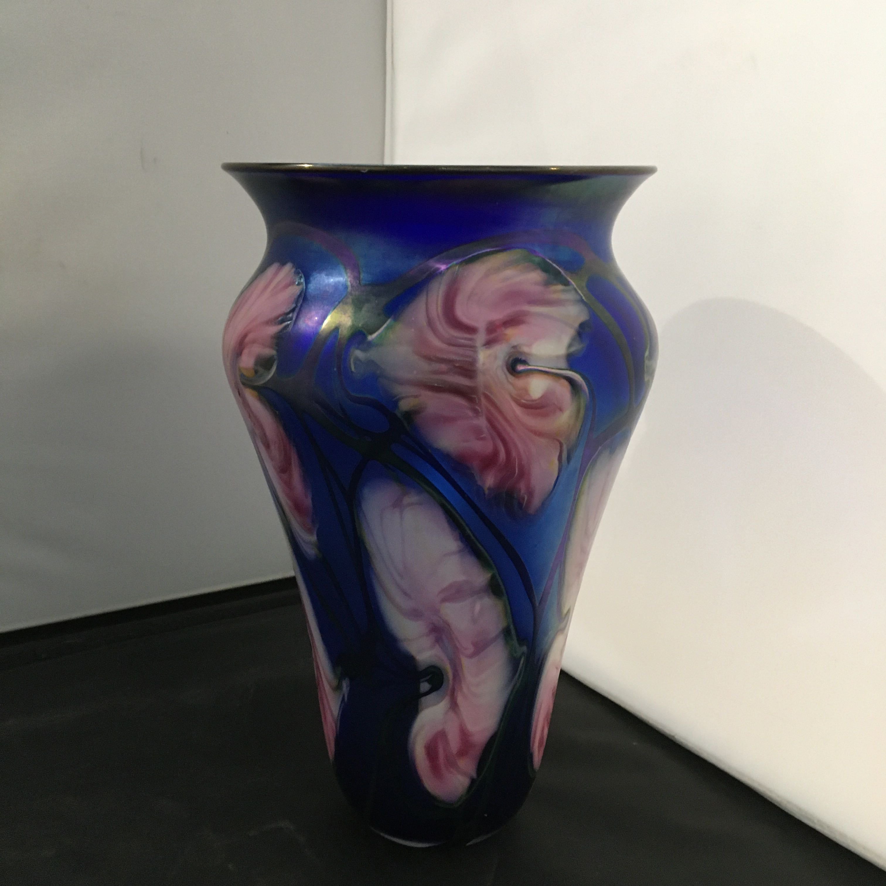 John Lotton Art Nouveau Iridescent cobalt Blue/Pink Art Glass Vase