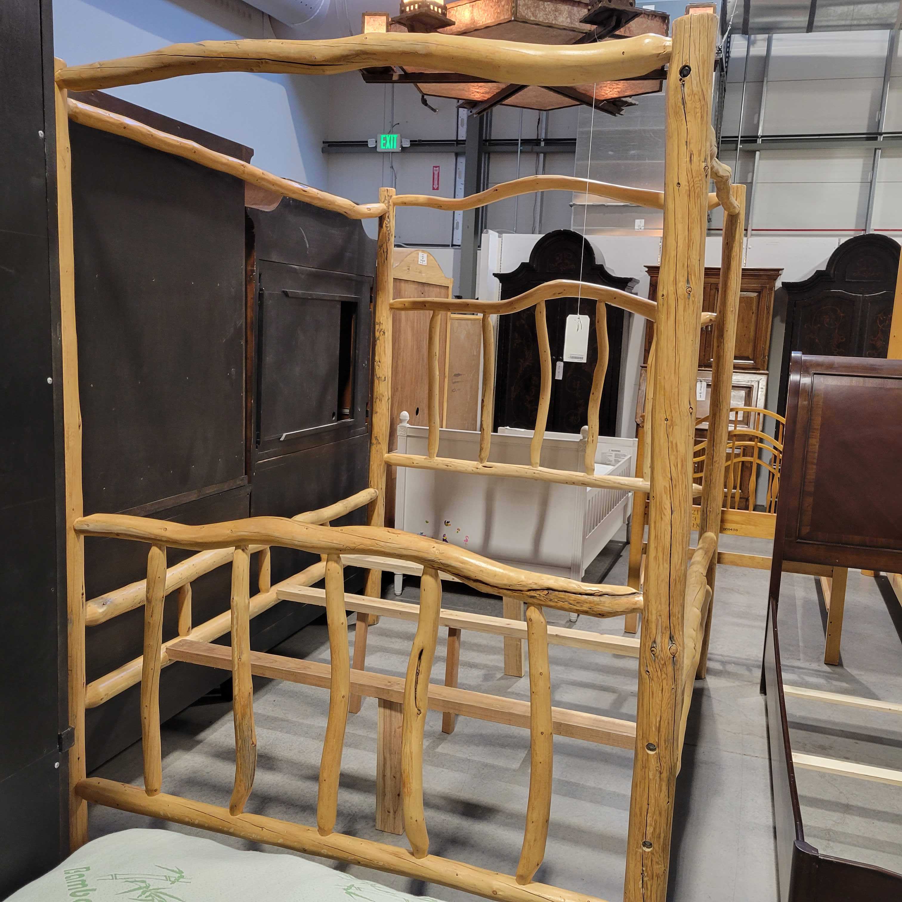 Queen Log Canopy Bed Set HB FB Rails Slats & Canopy Poles