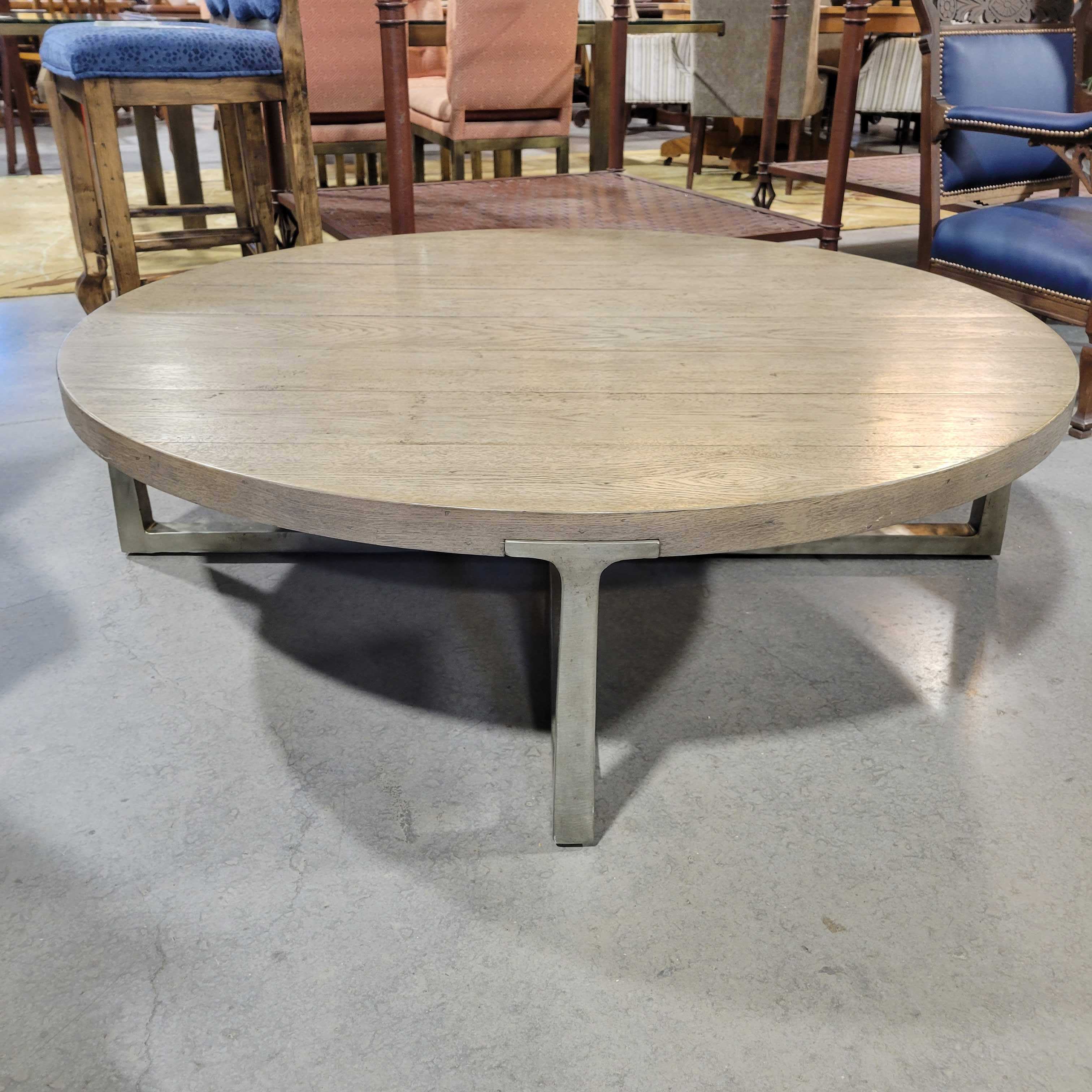 RH T - Brace Pewter and Waxed Grey Oak Round Coffee Table
