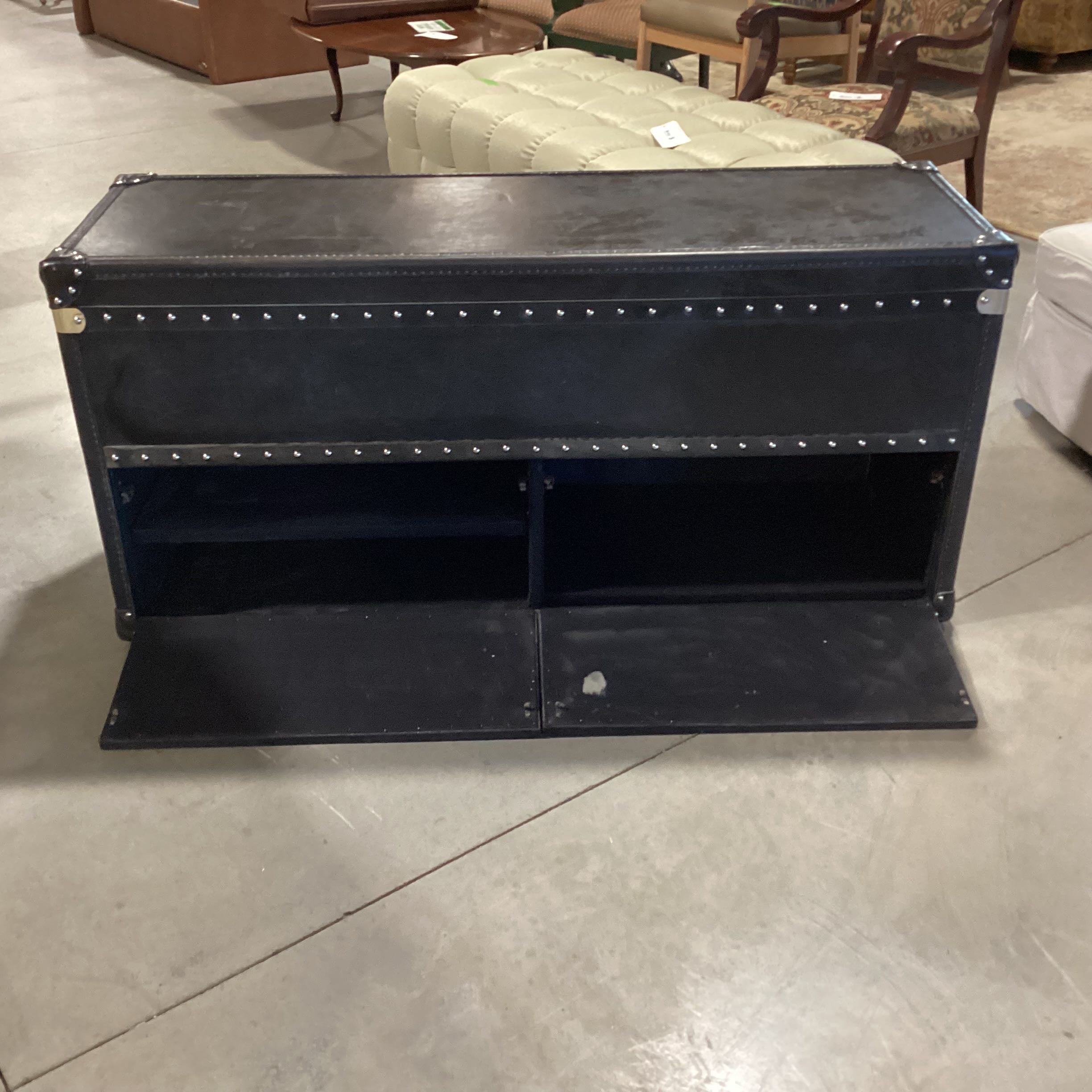 Black Leather Nailhead 2 Side Drawers Front and Back Doors Trunk Style Console