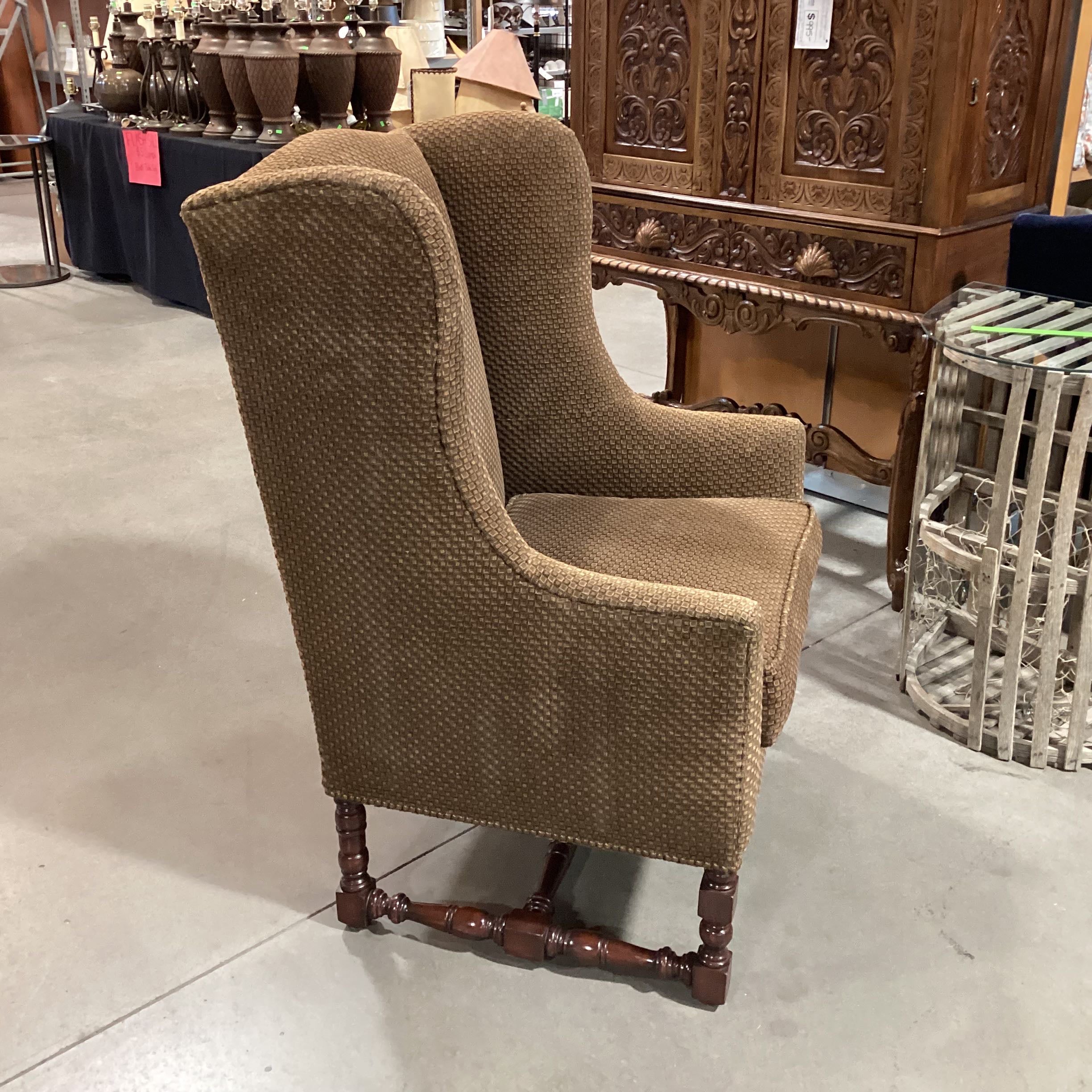 Brown Pattern & Carved Wood Wing Chair