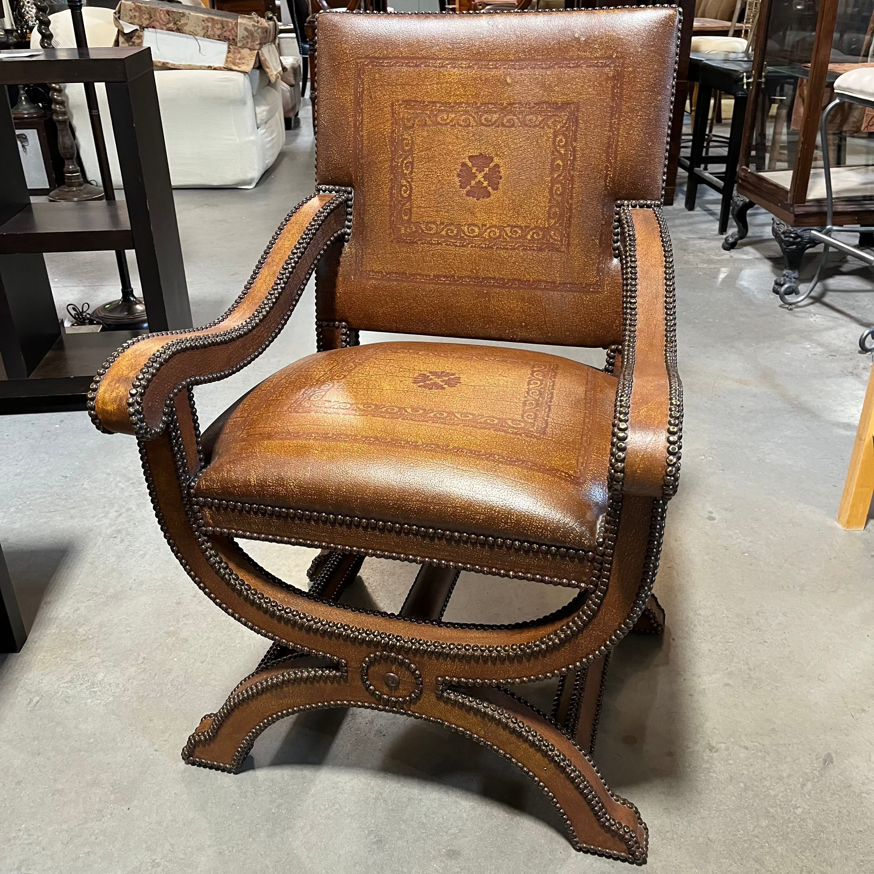 25"x 24"x 38.5" Theodore Alexander Embossed Stamped Leather Nailhead Chair