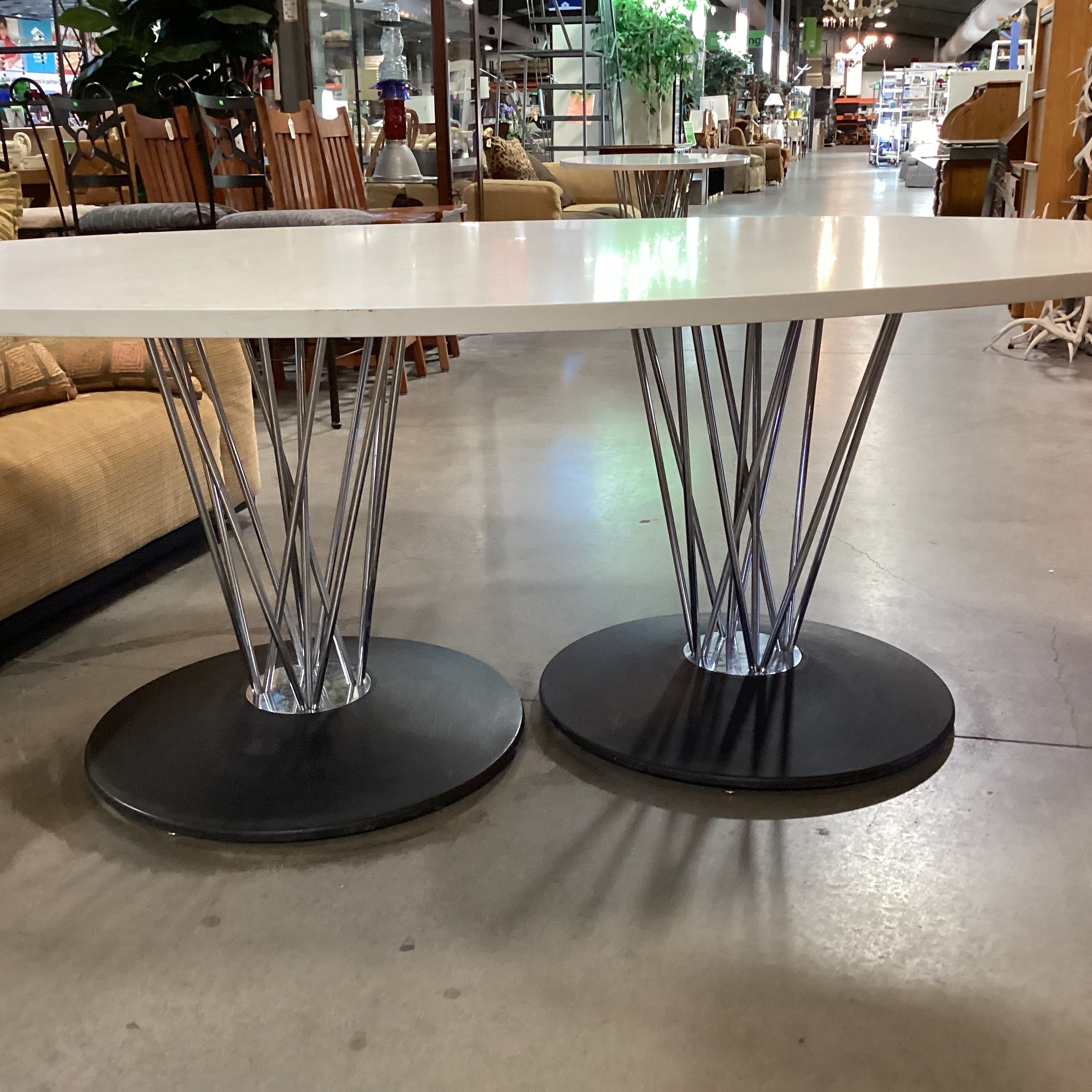 LeLand International Oval White Granite Chrome Rod Double Pedestal Dining Table