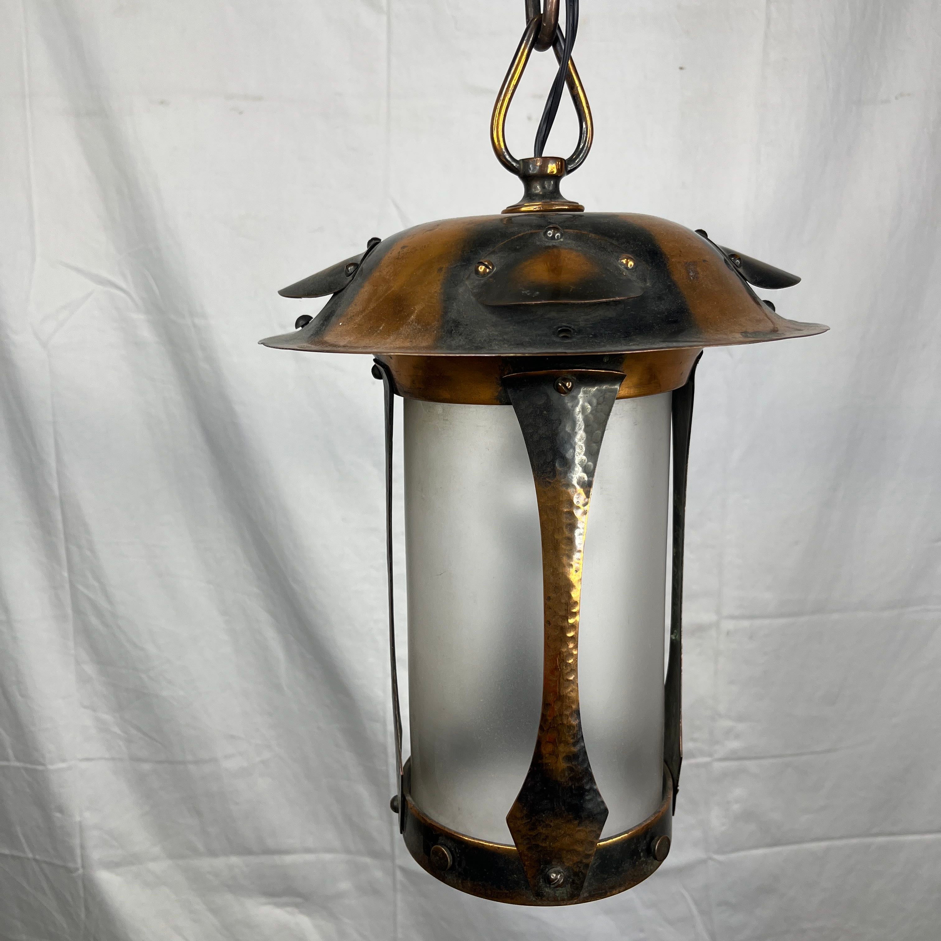 Antique Arts and Crafts Art Nouveau 1 Light Torched Copper Ceiling Lantern Pendant
